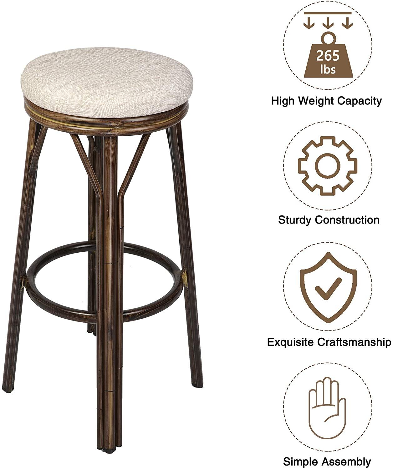 Set of 2 Bar Stools Counter Height Bar Chairs With Footrest Round Top Pub Bistro Kitchen Dining Chair Beige PU Leather Kitchen Stool - Bosonshop