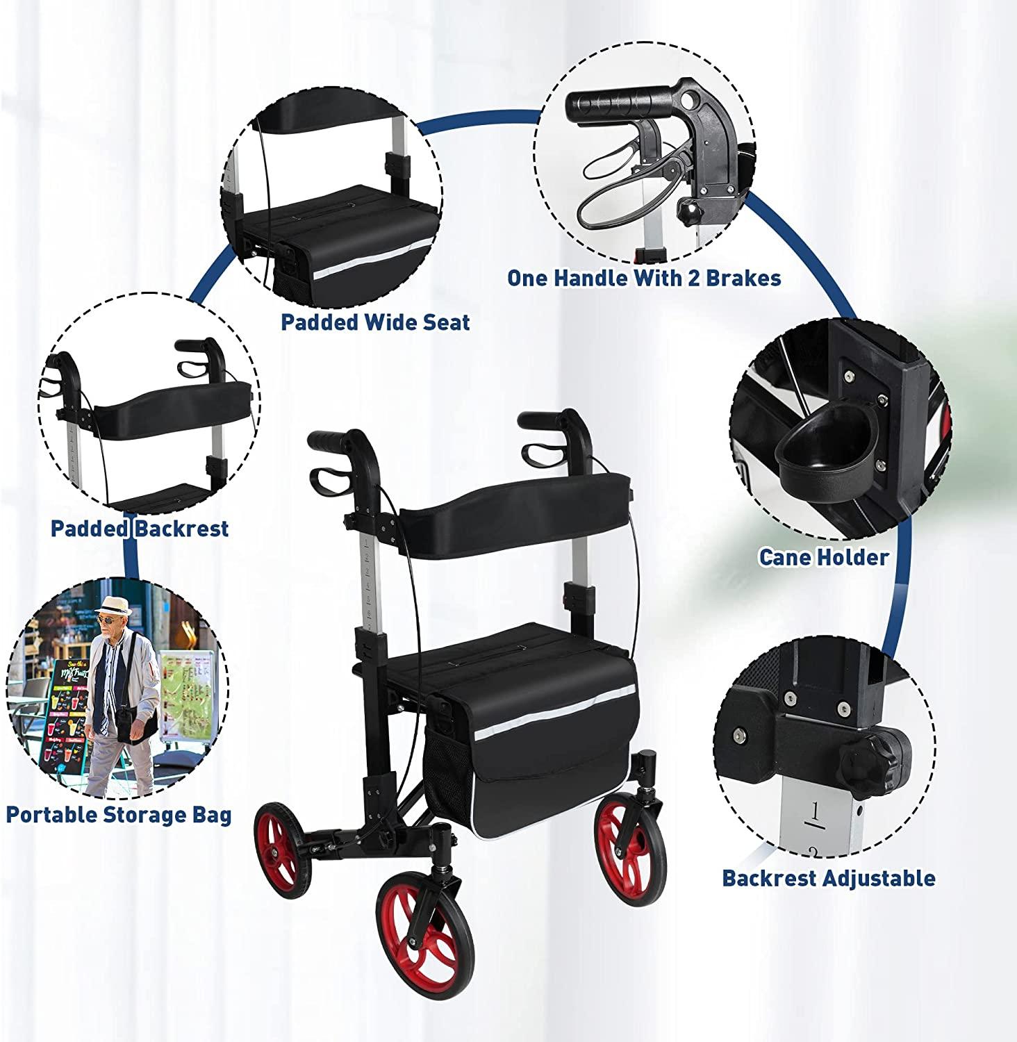 3-in-1 Folding Rollator Walker with Adjustable Handles and Seat Backrest for Seniors and Adults - Bosonshop