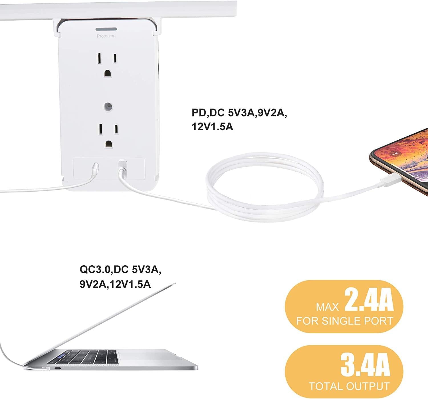 Socket Shelf Outlet 2 Pack Surge Protector Extender Wall plug with USB A+C Ports(3.4A Total), 8 AC Outlets - Bosonshop