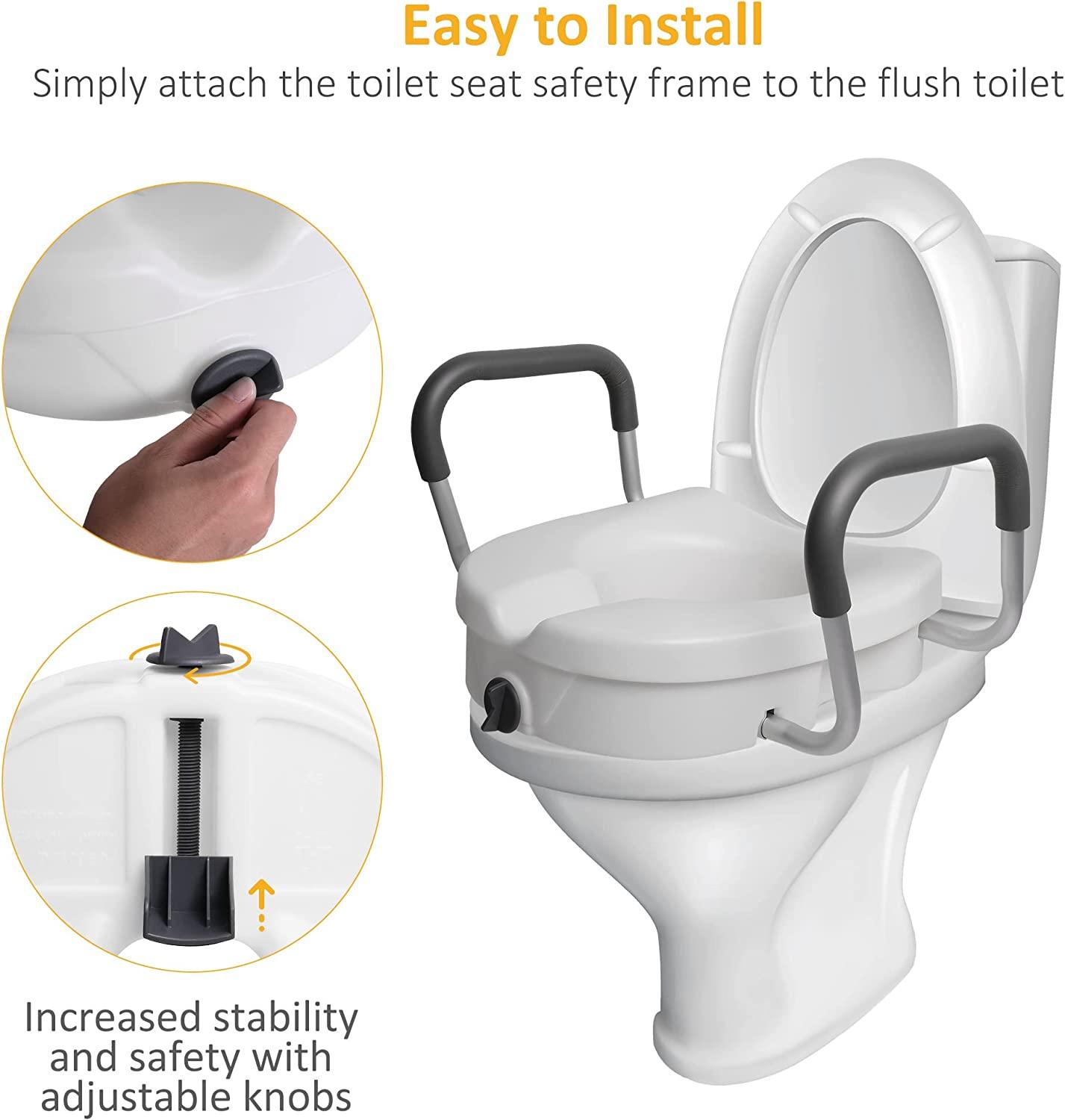 Raised Toilet Seat with Removable or Adjustable Handles, Plastic Raised Toilet Seat with Lock and Padded Armrests, White - Bosonshop