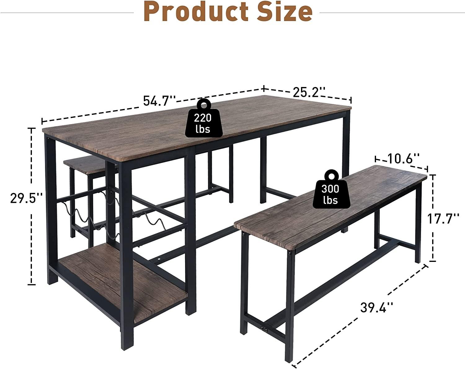 3 Piece Kitchen Table Set with Bench Dining Table Set for 4 Kitchen Dining Room Small Spaces Compact w/Storage Shelf Rack, Wine Rack - Bosonshop