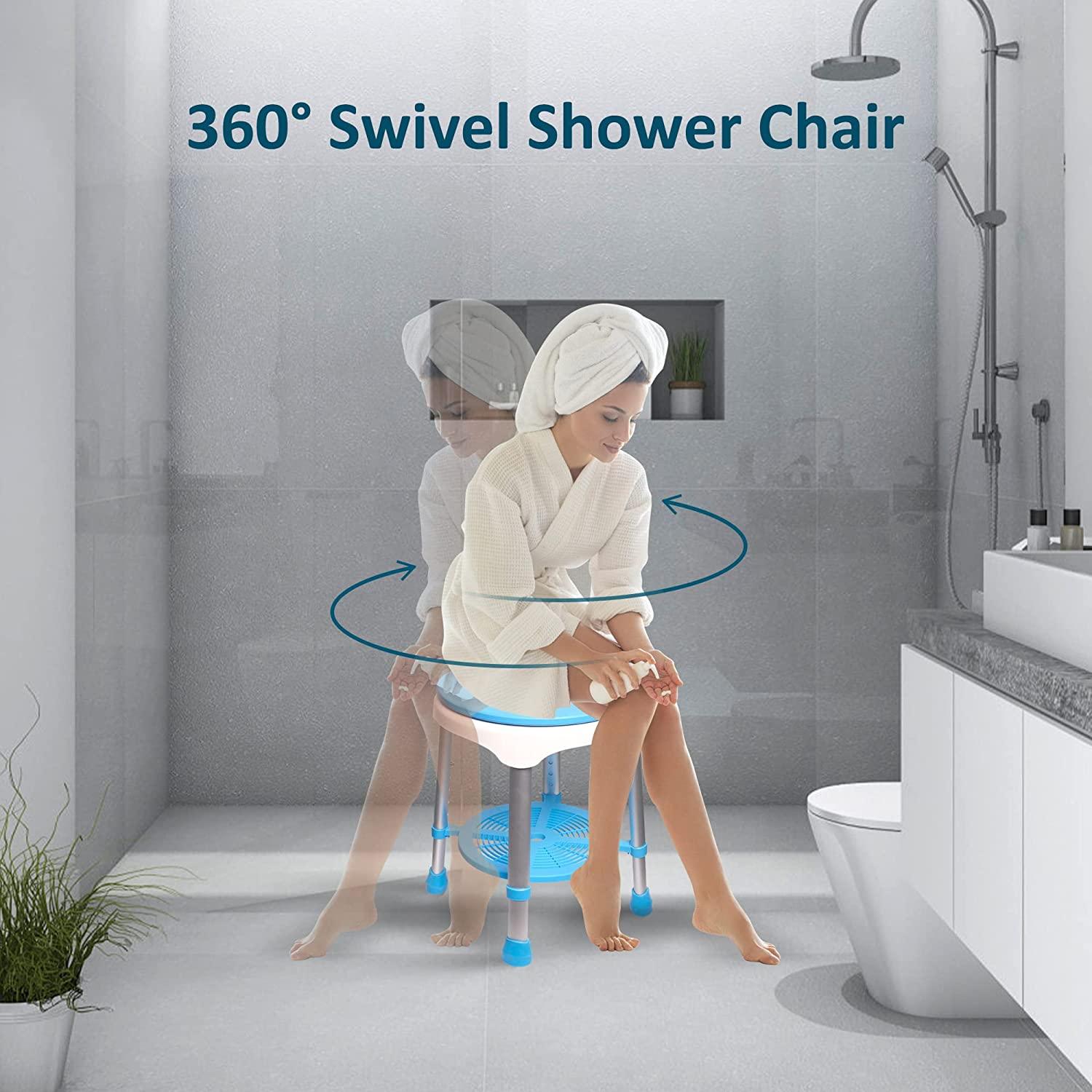 Swivel Shower Chair for Inside Shower, 300lbs Tool-Free Assembly Shower Stools with 5 Adjustable Height, Storage Tray 360 Degree Rotating Shower Seat for Seniors, Elderly - Bosonshop