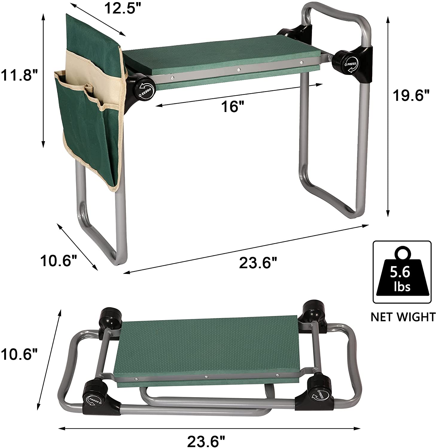 Garden Kneeler and Seat Heavy Duty Kneeling Bench Portable Upgrade Button Folding Stool, Gardener w/Tool Pouch - Bosonshop