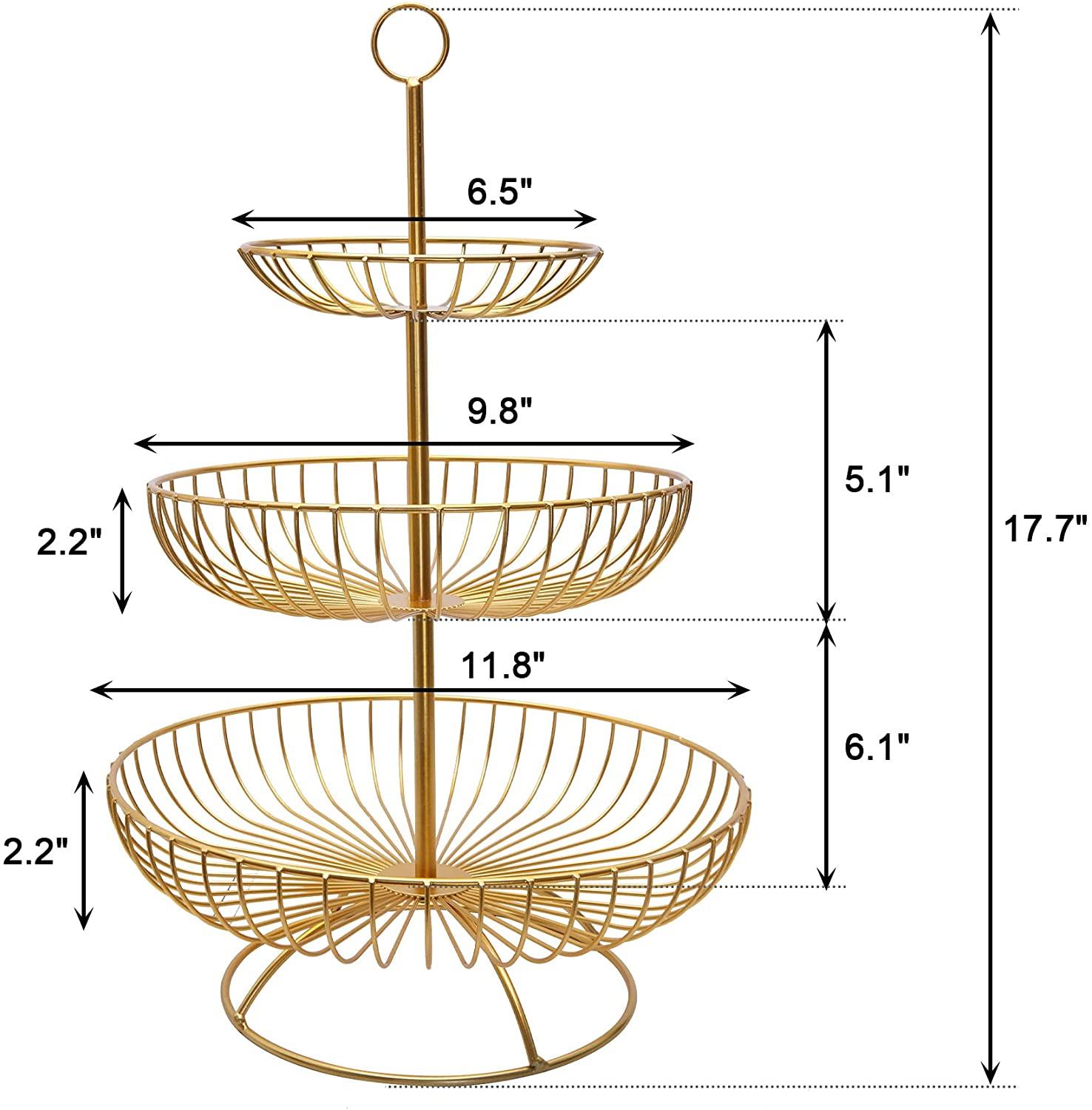 Fruit Basket for Kitchen Counter Fruit Vegetable Stand Stacked 3-Tier Bowls, Dining Table Counter Organizer, Modern Fruit Basket Stand, Golden - Bosonshop