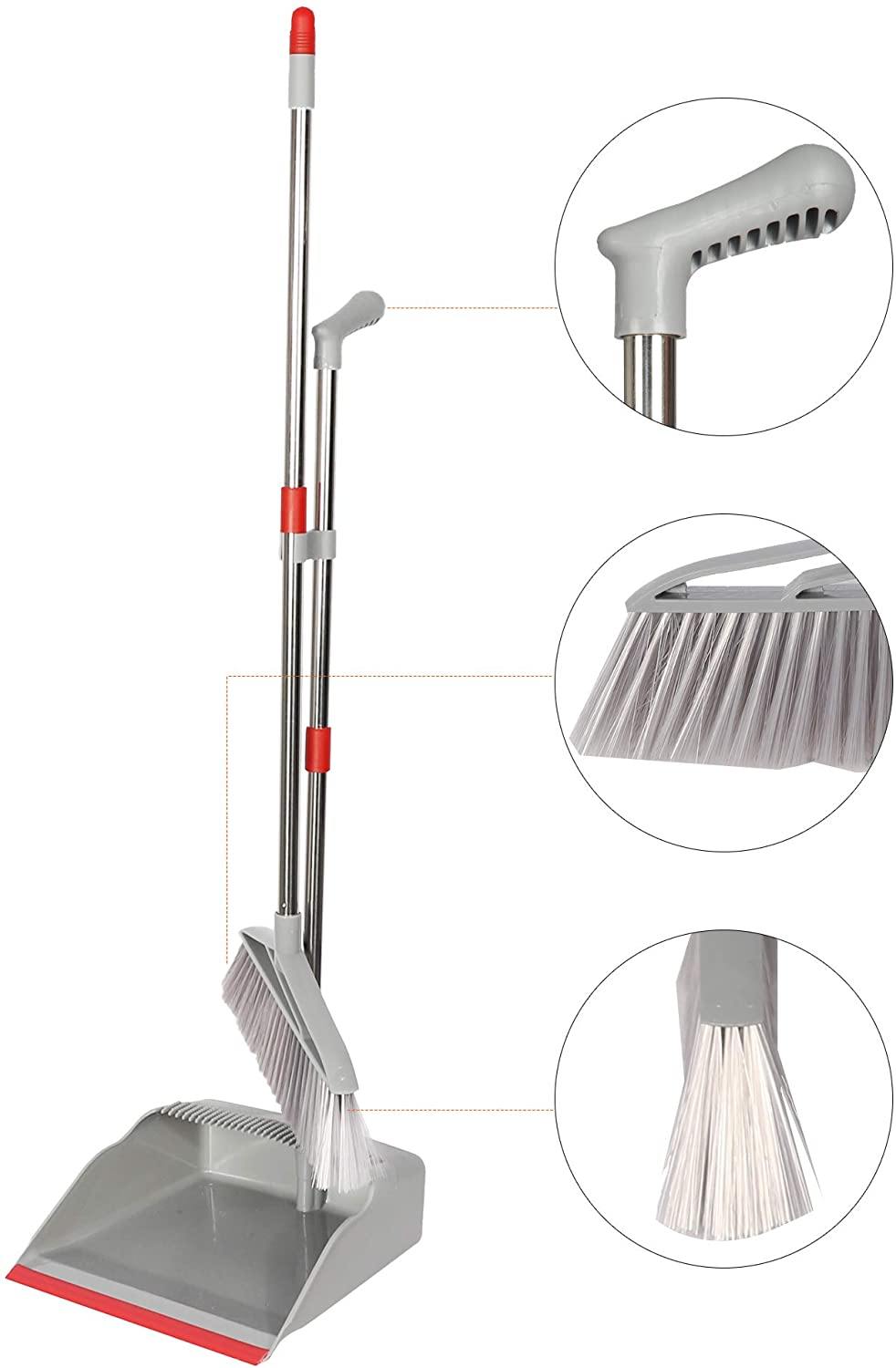 Broom and Dustpan Set Long Handle Lightweight and Robust Sweep Set Easy Assembly for Pet Hair Dirty Corners, Home Office, Grey + Red - Bosonshop