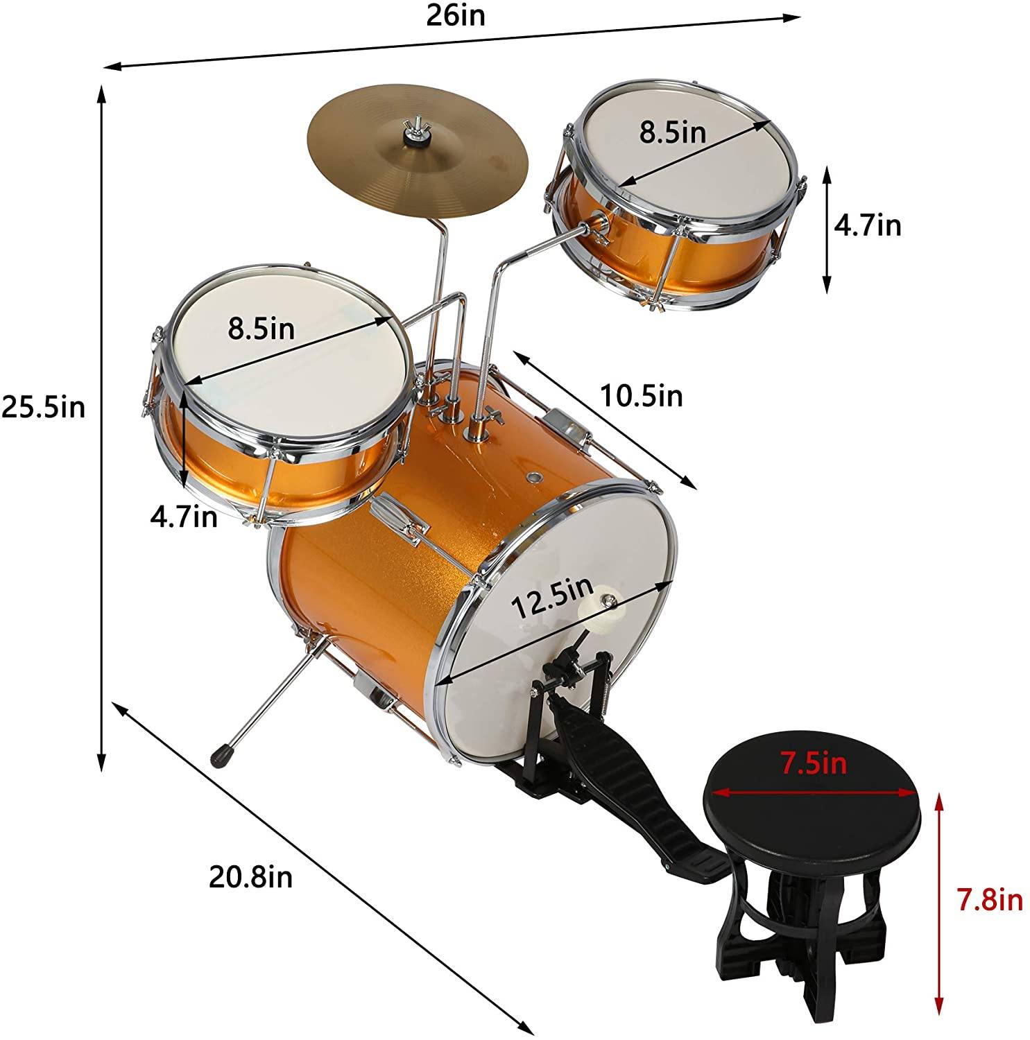 Kids Drum Set 3-Piece Junior Musical Instrument Beginner Kit with 13" Bass, Cymbals, Pedals, Drumsticks, Stool - Easy to Assemble - Bosonshop