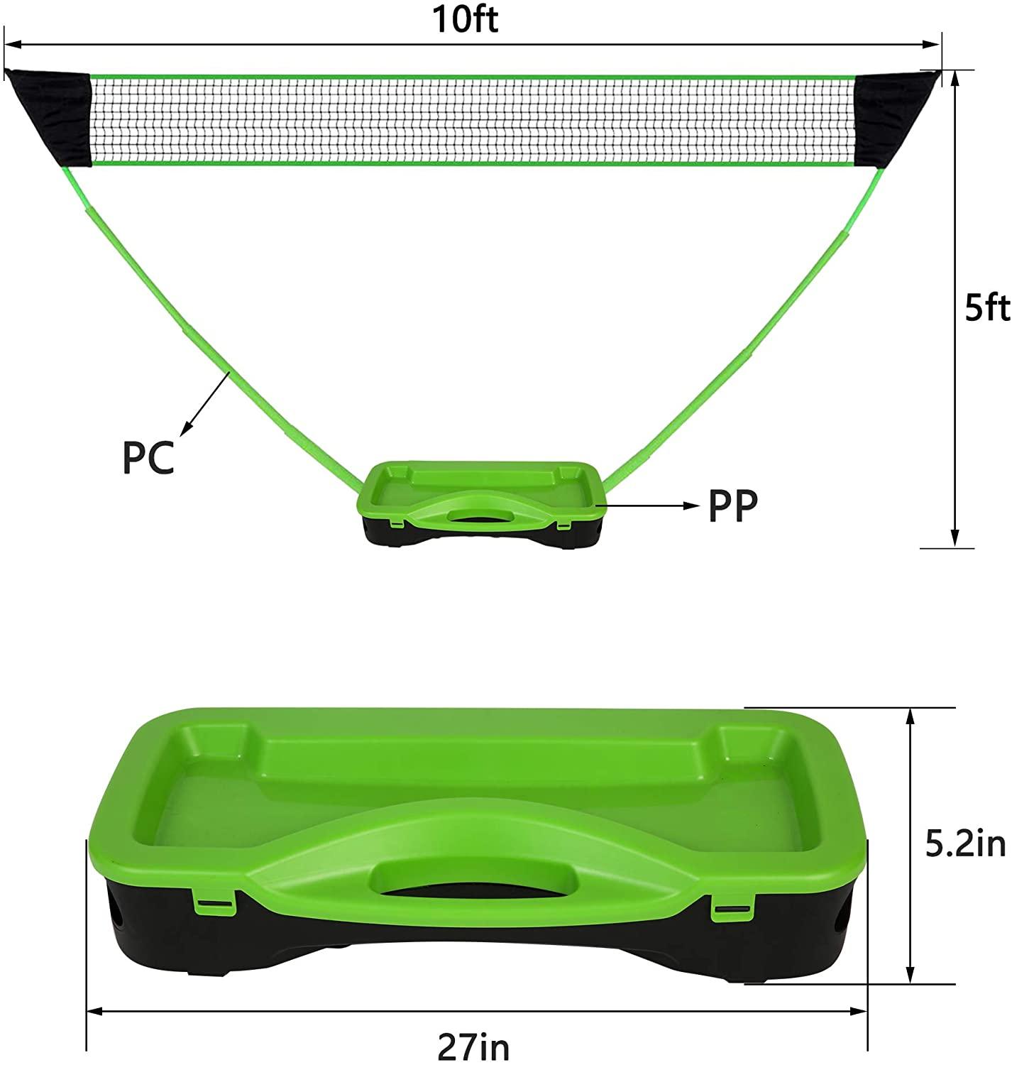 Portable Badminton Net Set Storage Box Base with 2 Battledores 2 Shuttlecocks Large, Green - Bosonshop