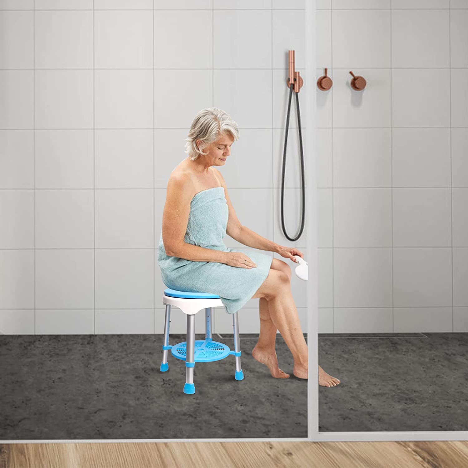 Swivel Shower Chair for Inside Shower, 300lbs Tool-Free Assembly Shower Stools with 5 Adjustable Height, Storage Tray 360 Degree Rotating Shower Seat for Seniors, Elderly - Bosonshop