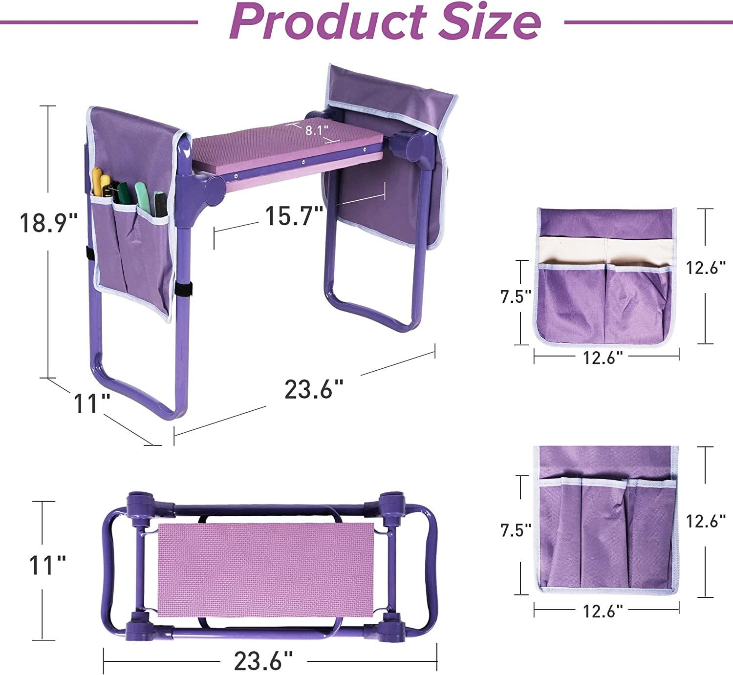 Garden Kneeler Widen Seat Bench Folding Gardening Stools with EVA Foam Kneeling Pad and 2 Tool Pouch, Purple - Bosonshop