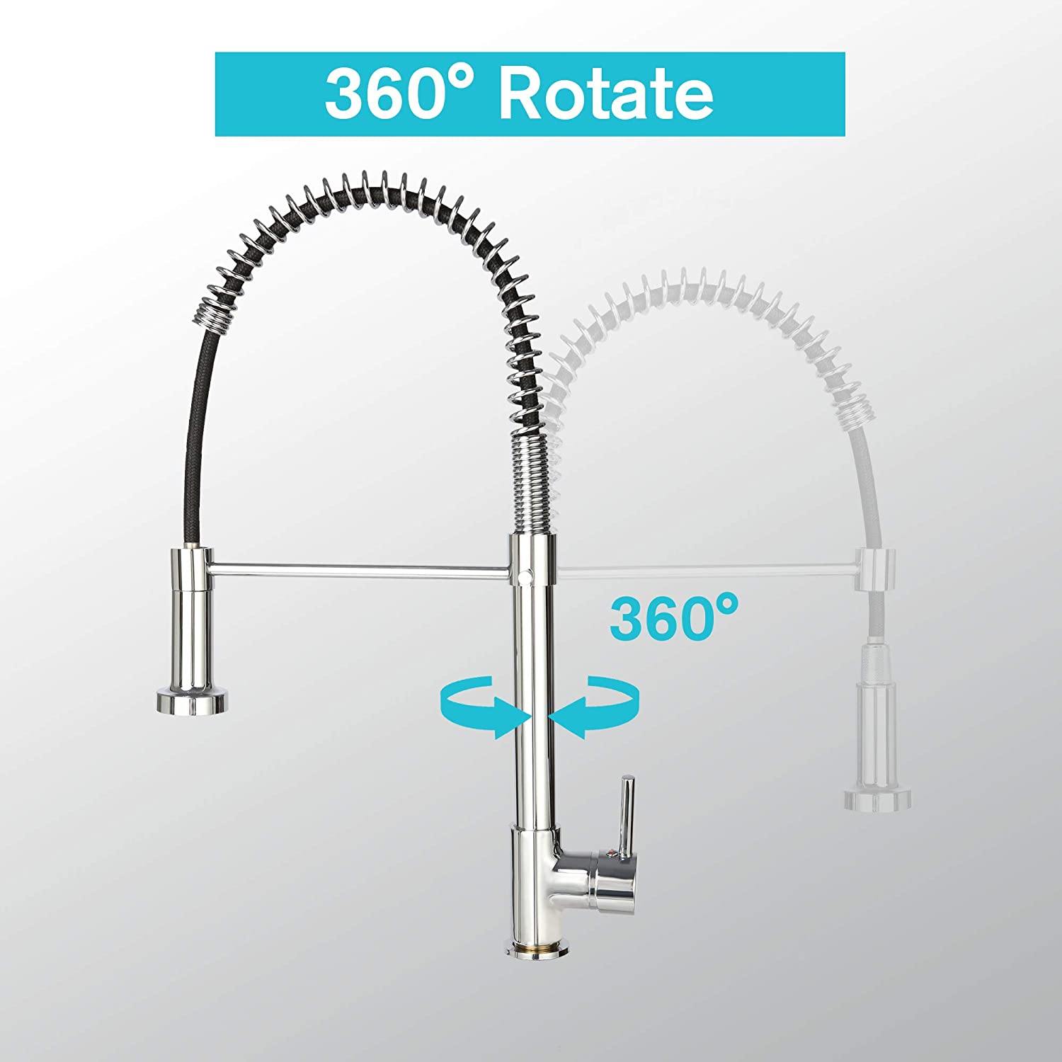 Commercial Kitchen Faucet with Pull Down Sprayer, High Arc Stainless Steel, 360 Swivel Single Handle Single Hole Spring Sink Faucet, Chrome - Bosonshop