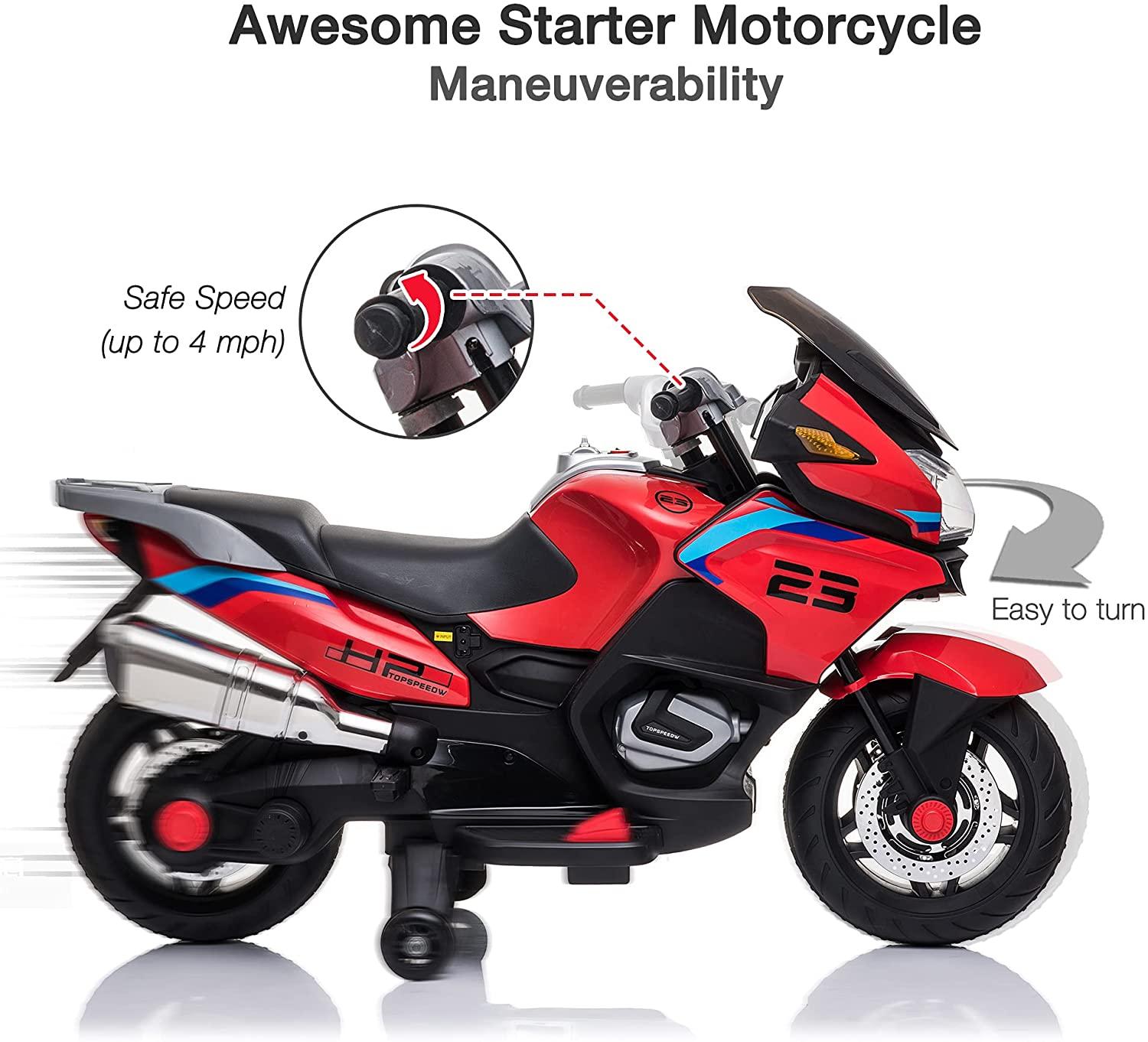 12V Electric Ride-On  Motorcycle for Kids, with Training Wheels, LED Lights, Music, Red - Bosonshop