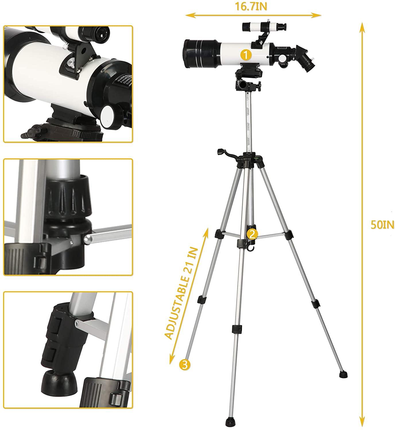 Astronomical Telescope Portable Telescope for Kids Beginners, 70mm Aperture, 20-120x Magnification With Smart Phone Adapter & Carry Bag - Bosonshop