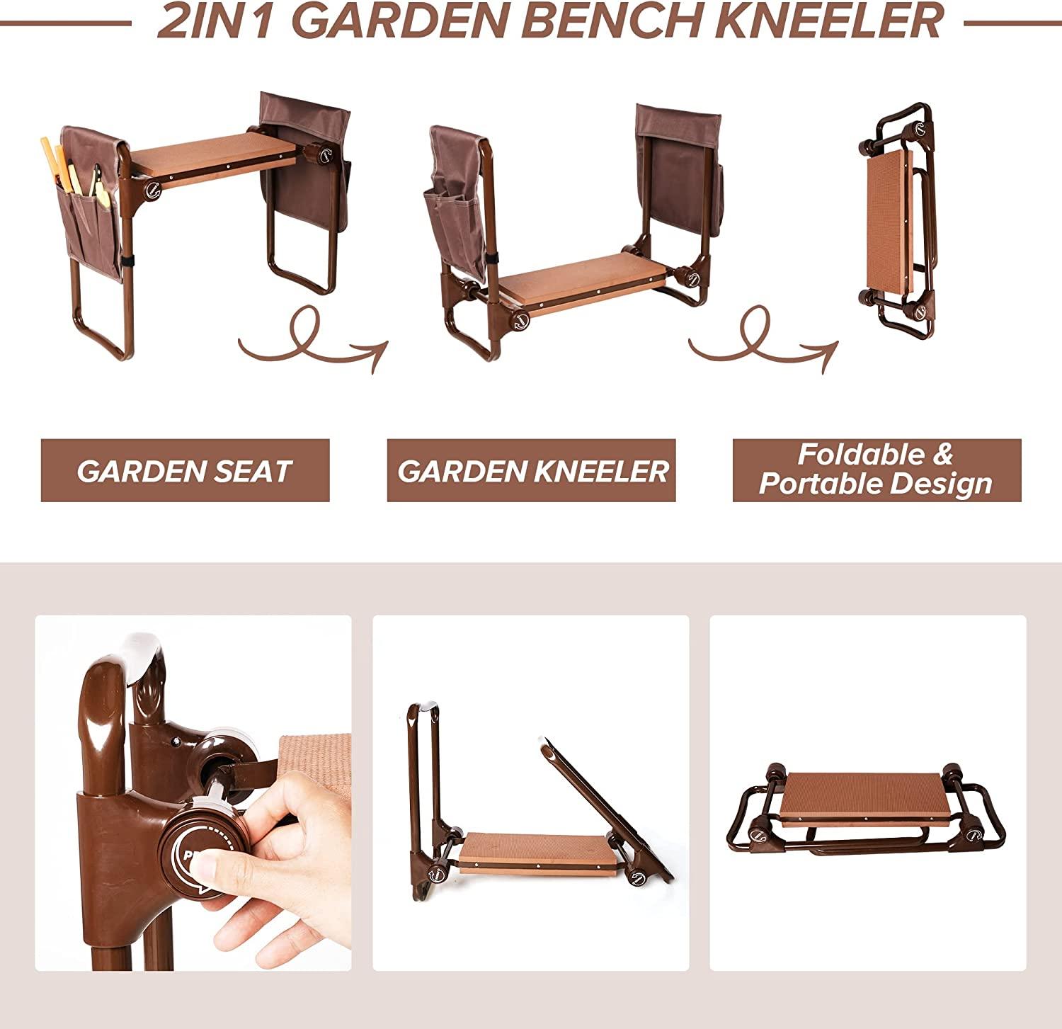 Widen Garden Kneeler Seat Bench Folding Garden Workseat with EVA Foam Pad and Dual Pouch, Brown - Bosonshop