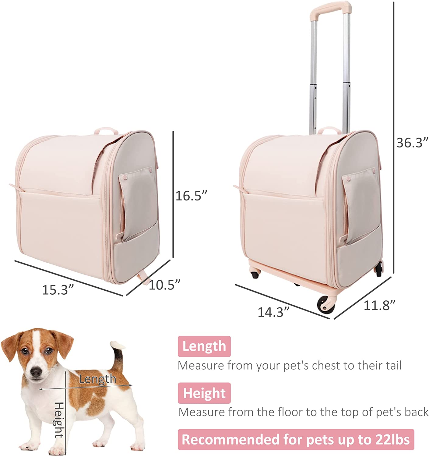 Cupets Pet Carrier with Wheels, Airline Approved Foldable Cat Carrier Backpack Bag, Pink - Bosonshop