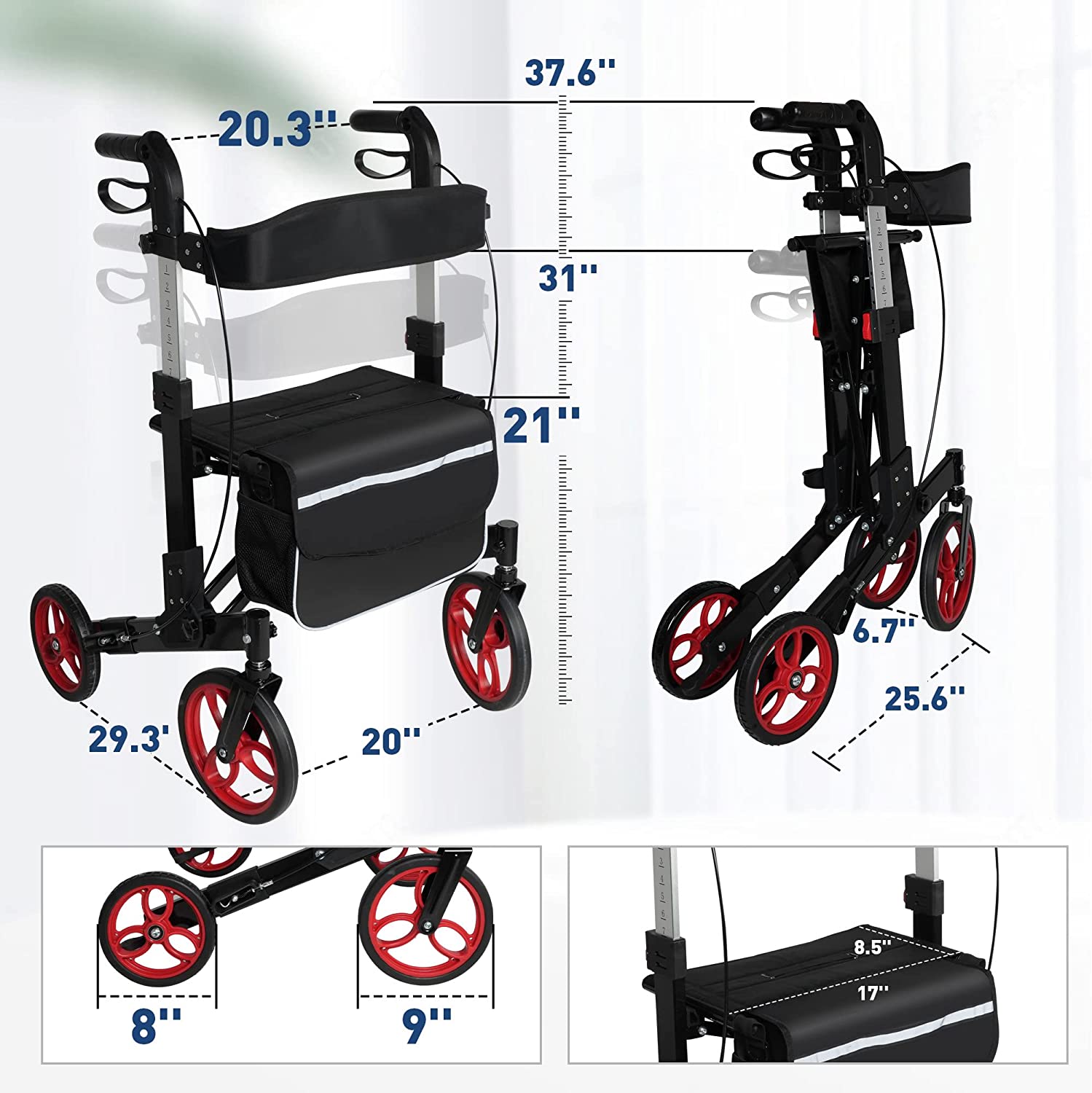 3-in-1 Folding Rollator Walker with Adjustable Handles and Seat Backrest for Seniors and Adults - Bosonshop