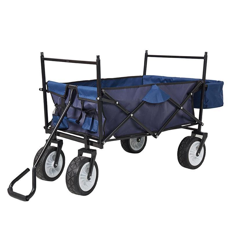 Outdoor Folding Wagon Collapsible Utility Cart with Removable Canopy and Storage Basket Blue - Bosonshop