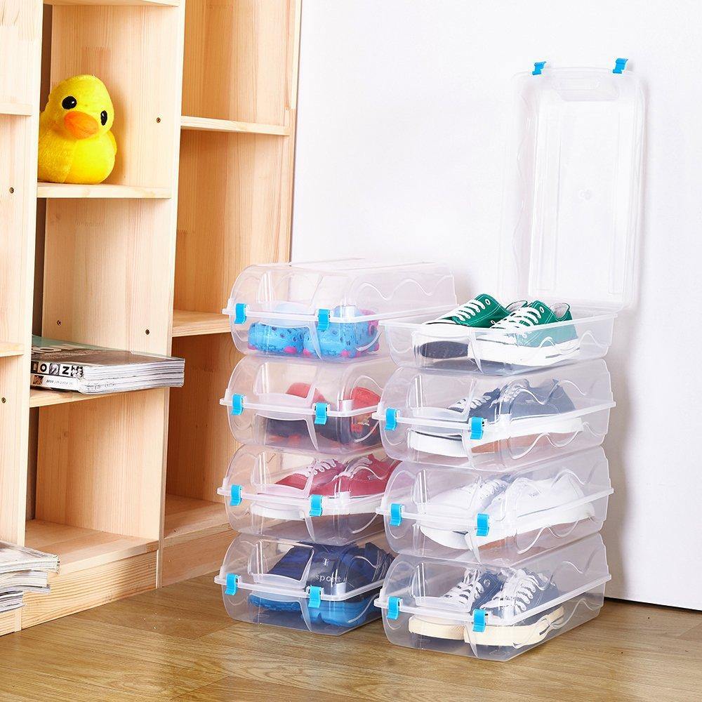 Bosonshop 8 PCS Shoes Box Set Clear Plastic Storage Shoes Case Holder with Locker (blue)