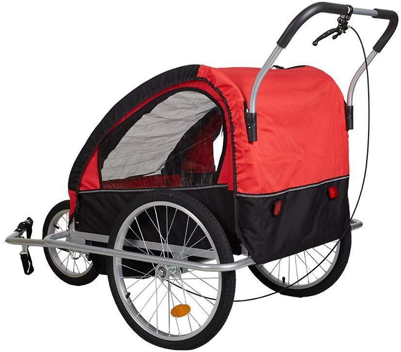 Double Child Kids Bike Trailer Bicycle Carrier 2-Seater Baby Stroller Jogger for Outdoor Travel Walking Cycling, 2-in-1, Red - Bosonshop