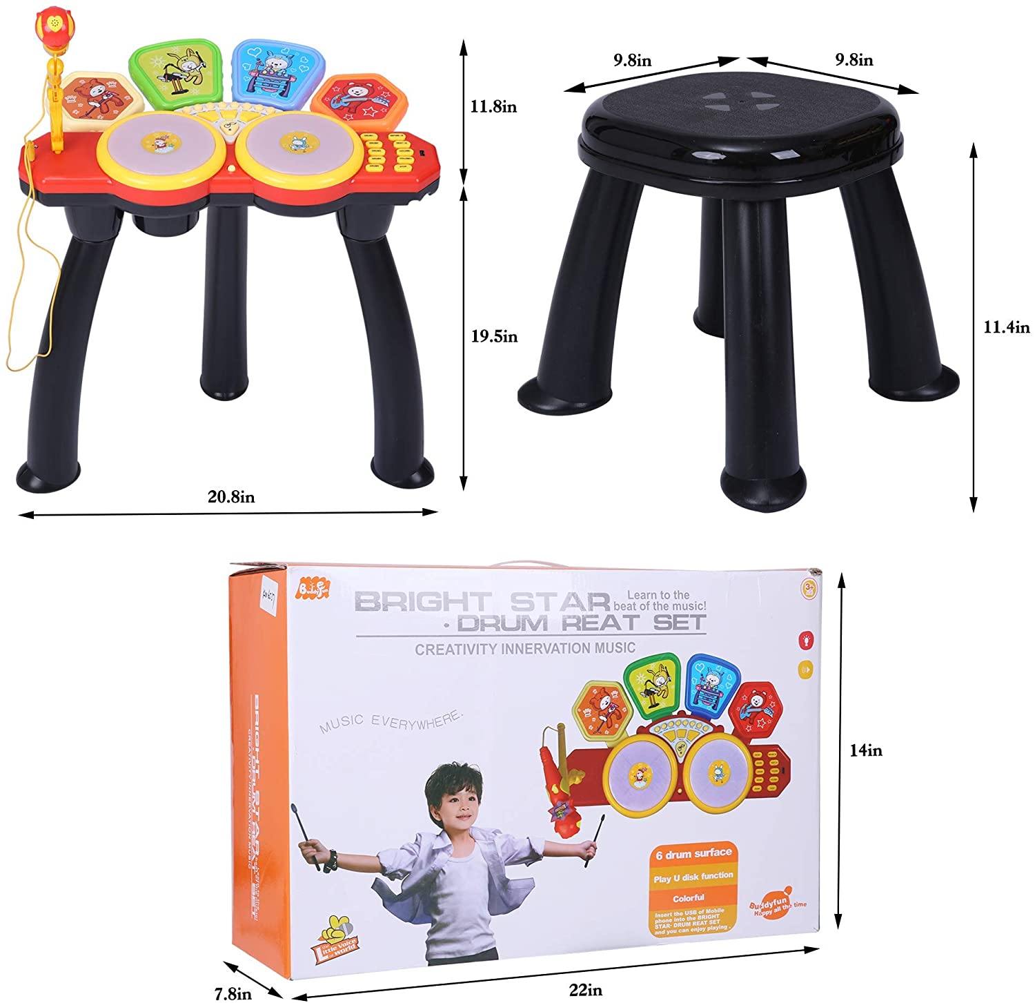 Kids Electronic Toy Drum Set with 1 Stool, Adjustable Microphone and Drum Sticks, Musical Instruments Playset Toys with Sounds and Lights - Bosonshop