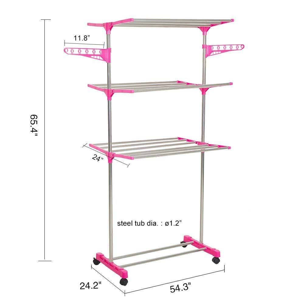 Bosonshop 3-Tier Foldable Rolling Clothes Drying Rack Stainless Steel Garment Rack with Wheels