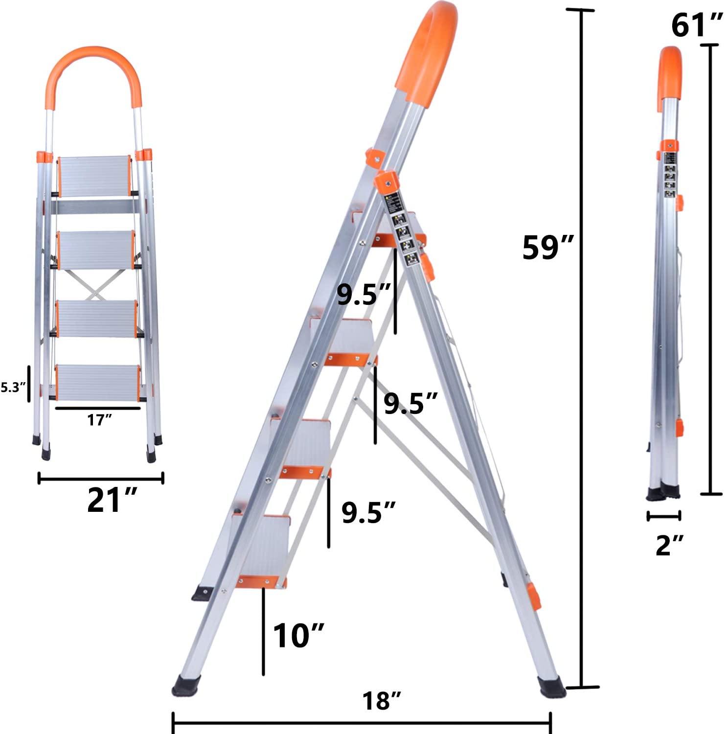 4 Step Ladder Folding Stepladder Stool Anti-Slip Pedal Aluminum Lightweight Safety Hand Grip 330 lb Capacity for Indoor Outdoor Home Garden Office - Bosonshop