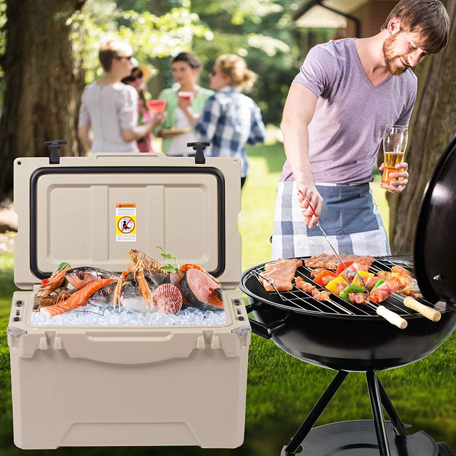 Rotomolded Cooler, 50QT Tan Cooler with Built-in Cup Holder, Bottle Openers, and Fish Ruler - Bosonshop