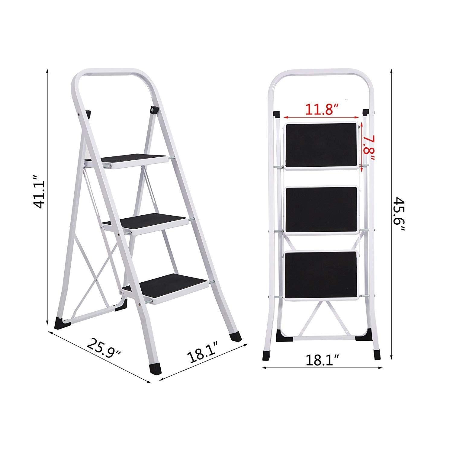 Bosonshop Folding Compact Portable 3 Step Ladder 330 lb Capacity, White