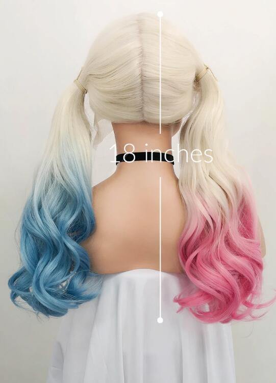 Wavy Blonde Harley Quinn Synthetic Pink Blue Ponytail Lace Front Wig - Bosonshop