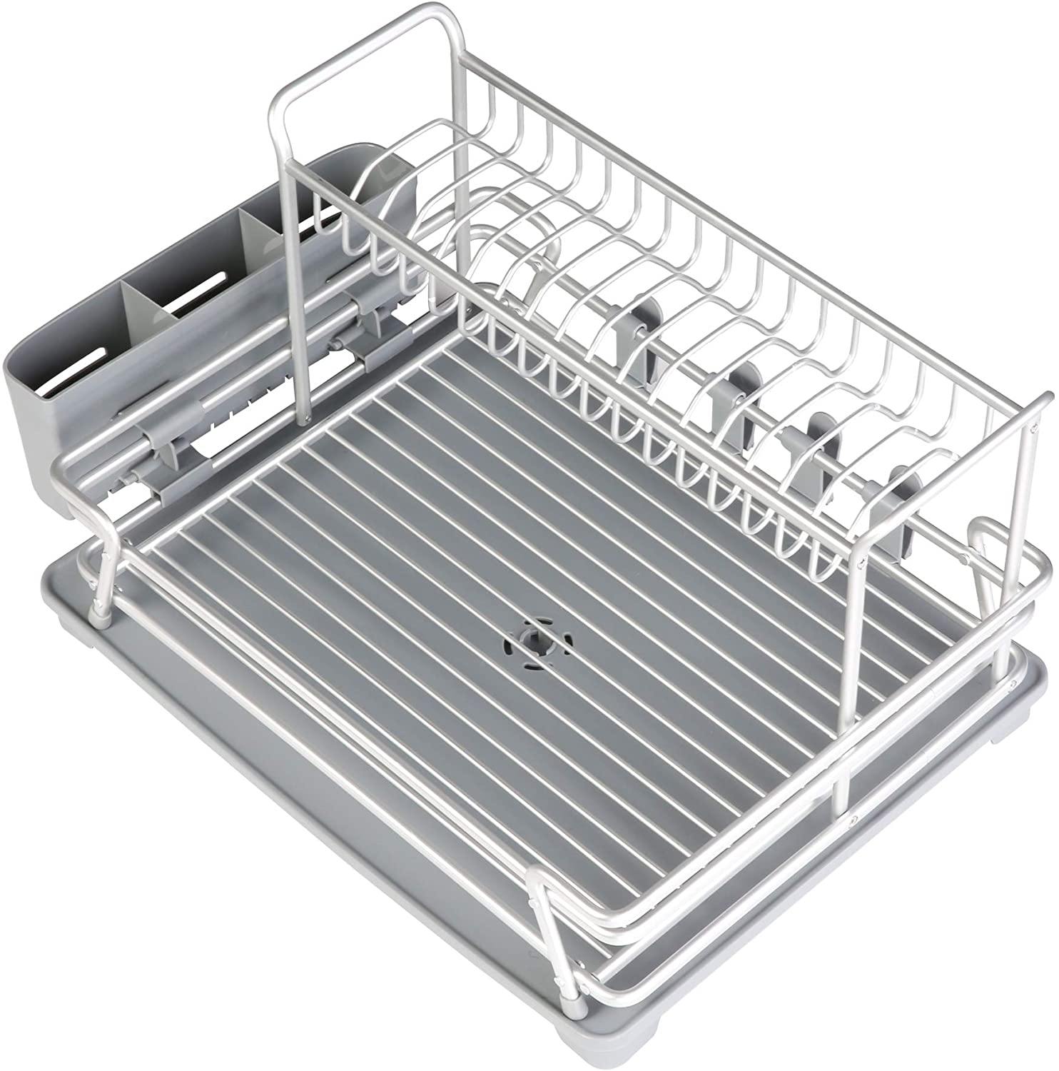 Dish Drying Rack with 360° Swivel Drain Board and Drain Spout, Grey - Bosonshop