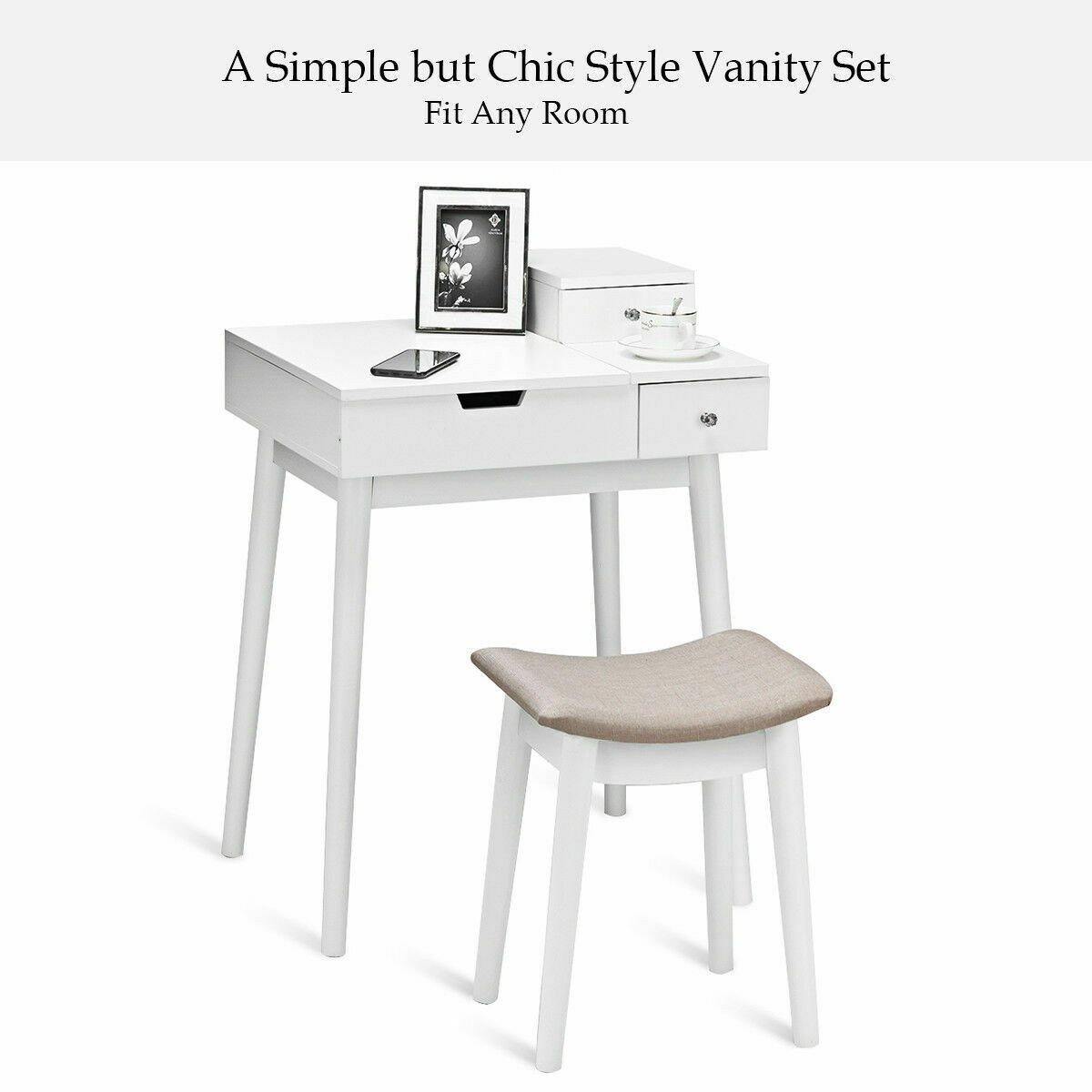 Vanity Table Set with Flip Mirror Desk Furniture Stool - Bosonshop