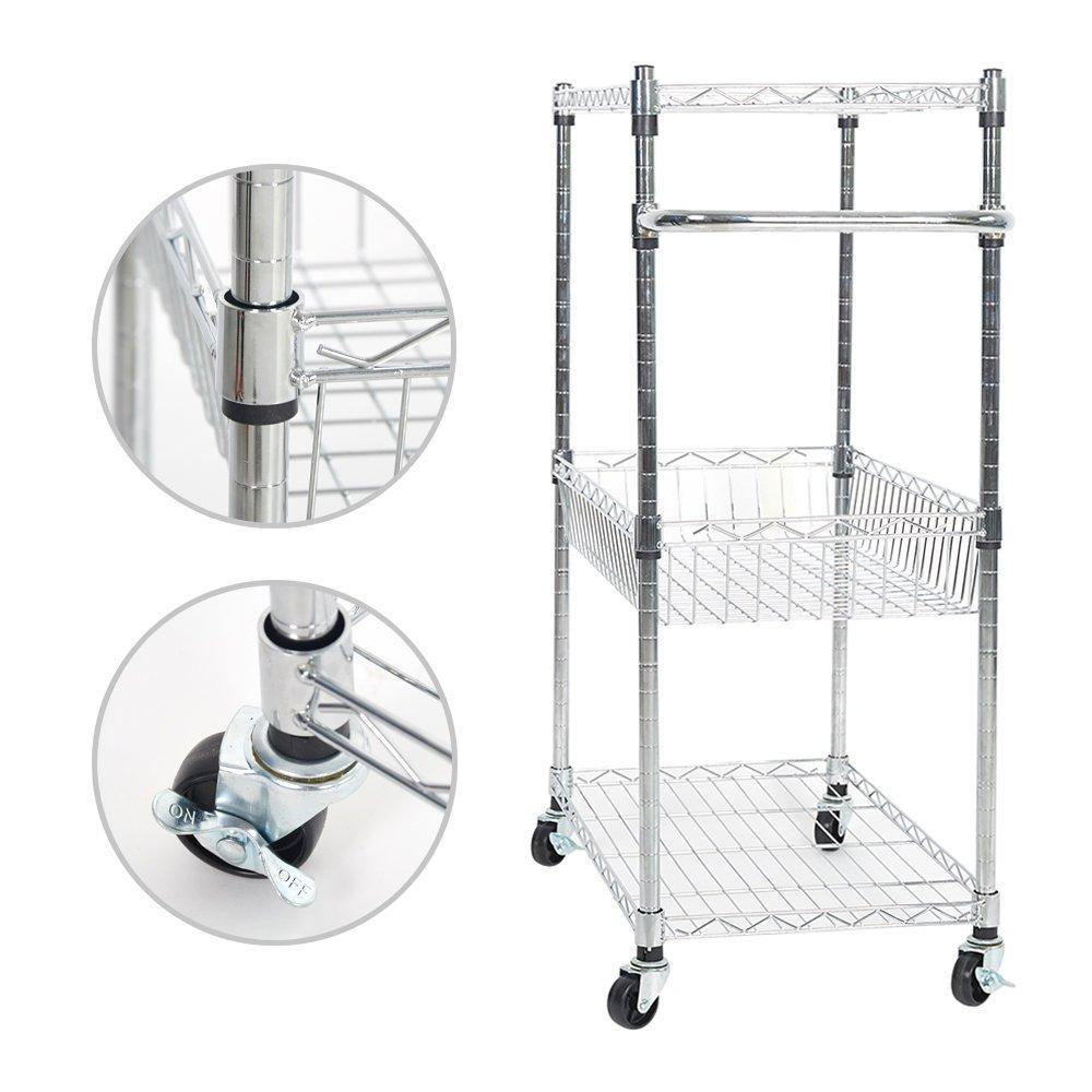 Bosonshop 3 Tier Wire Rolling Cart,Kitchen and Microwave Cart with Basket,Chrome Finish