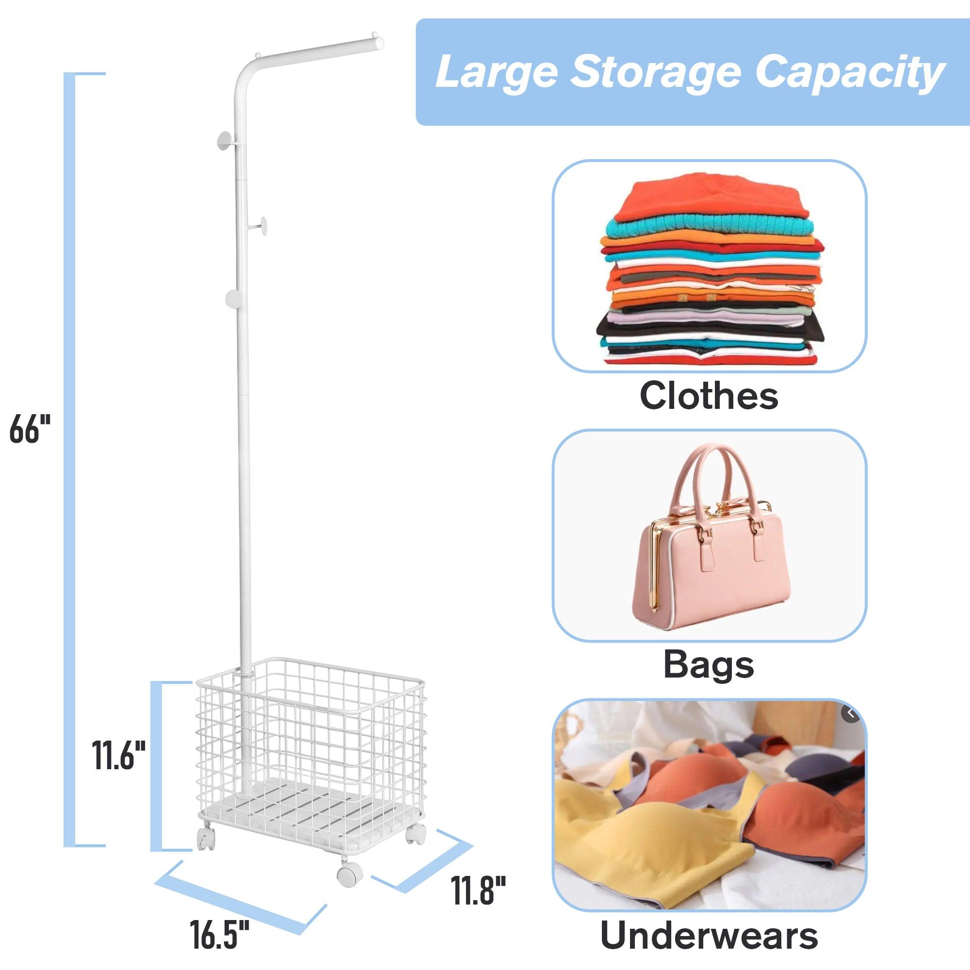 Laundry Cart Wire Basket with Rolling Clothes Garment Rack, White - Bosonshop