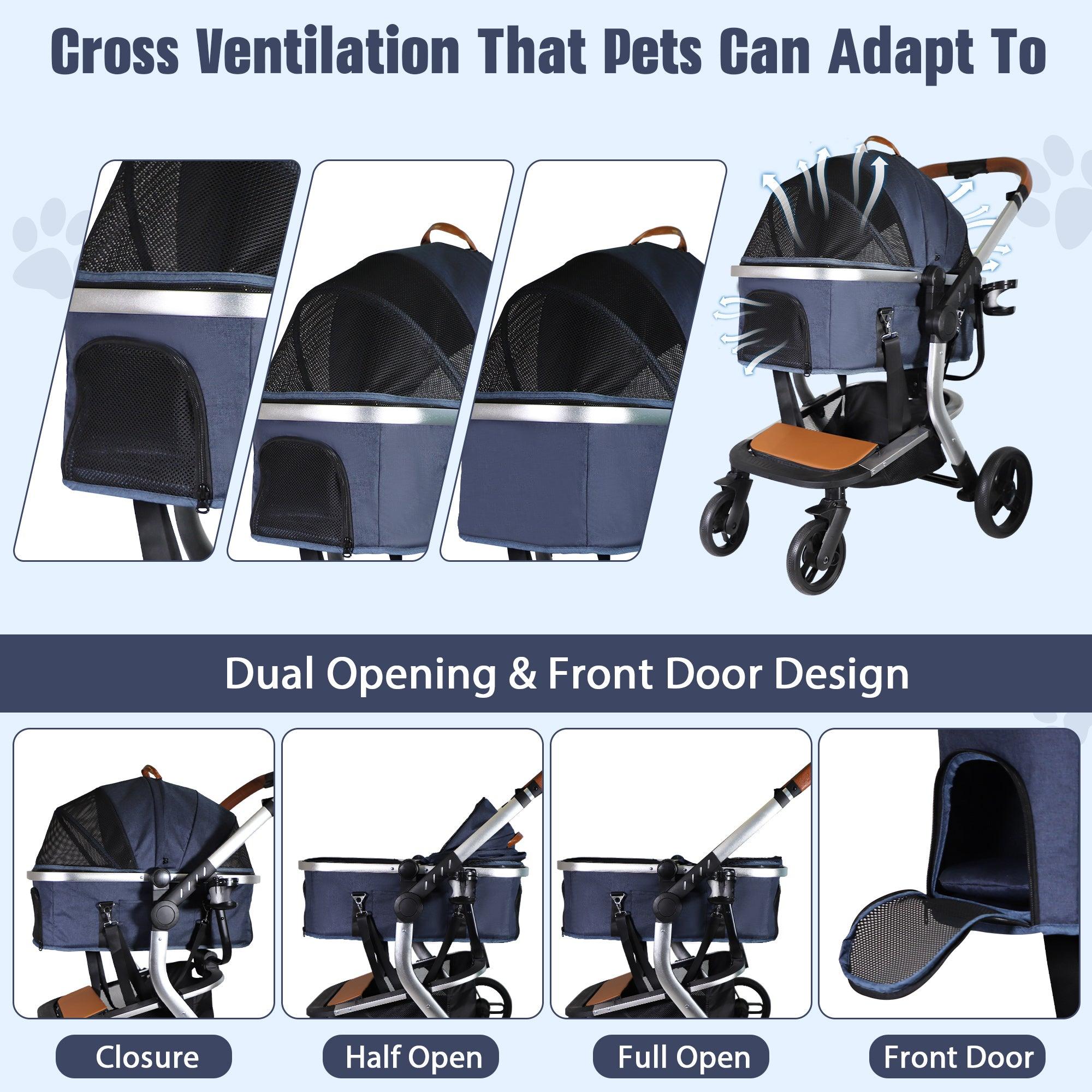 3 in 1 Foldable Aluminum Alloy Frame Pet Stroller with Detachable Carrier & Cup Holder, Up to 33 lbs - Bosonshop