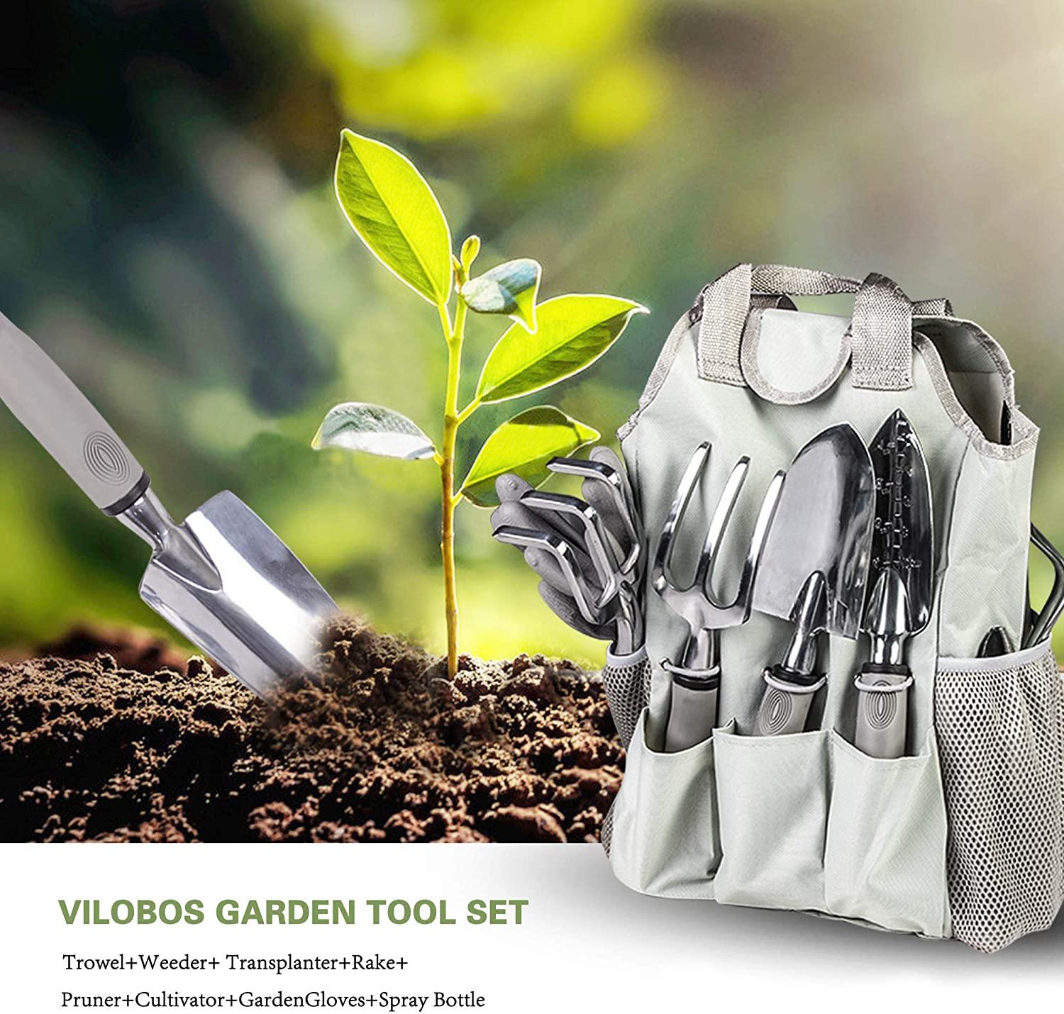 Garden Tool Set 9 Piece Manual Garden Gifts Kit Planting Trowel Rake Pruner Non-Slip Handles Gloves Spray Bottle and Storage Tote - Bosonshop