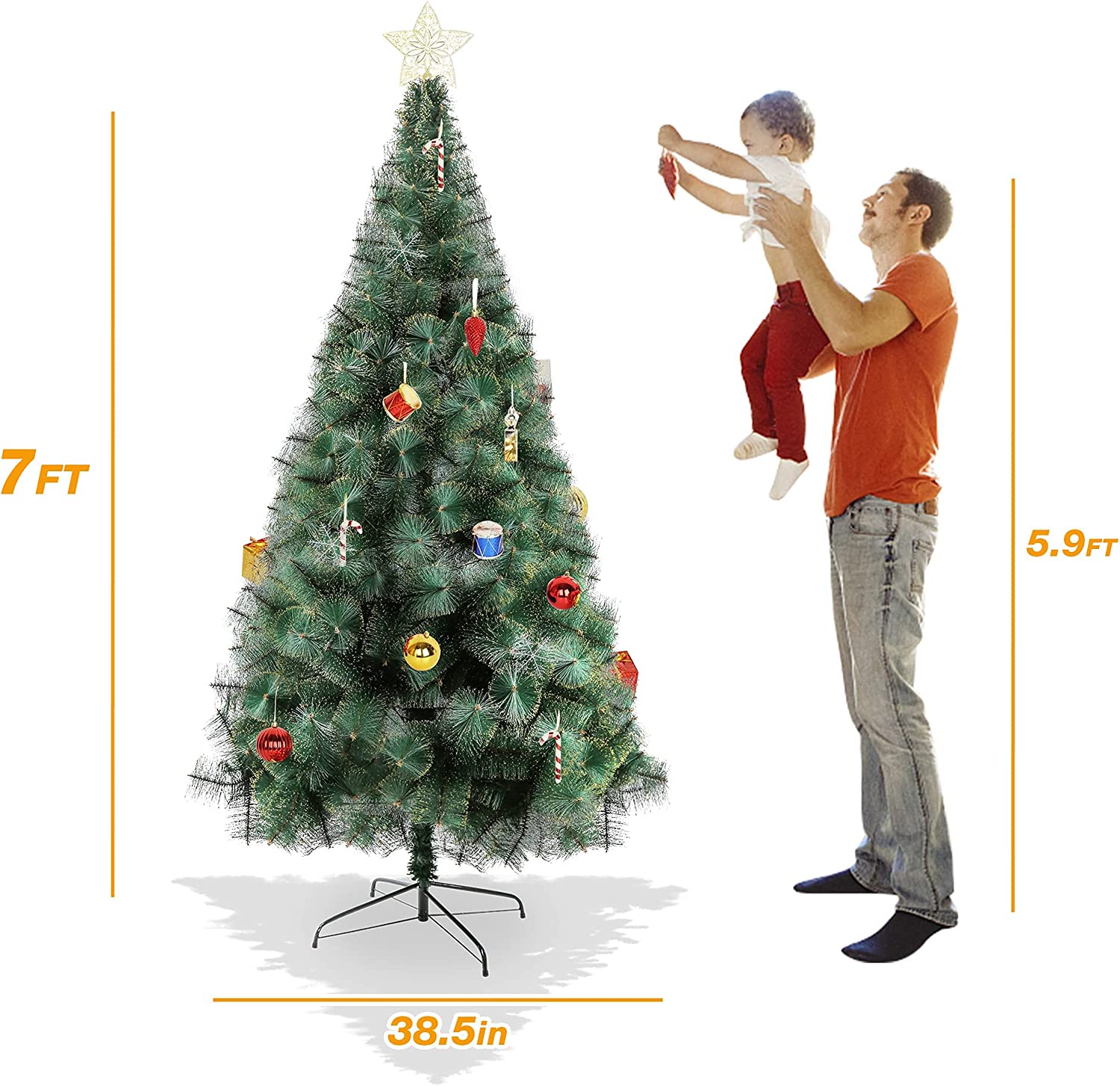 (Out of stock) 7' Classic Pine Needle Tree Encrypted Artificial Christmas Tree Natural Branch with Solid Metal Bracket, Coniferous with Golden Highlights - Bosonshop