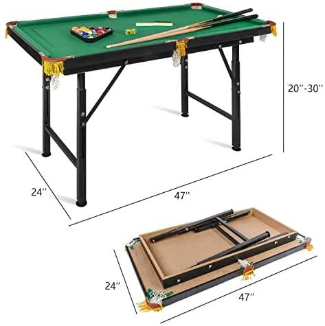 47" Folding Portable Billiard Table for Kids and Family - Pool Game Table with Cues, Balls, Chalk, Cleaning Brush, Tripod - Home or Office Play Fun - Bosonshop