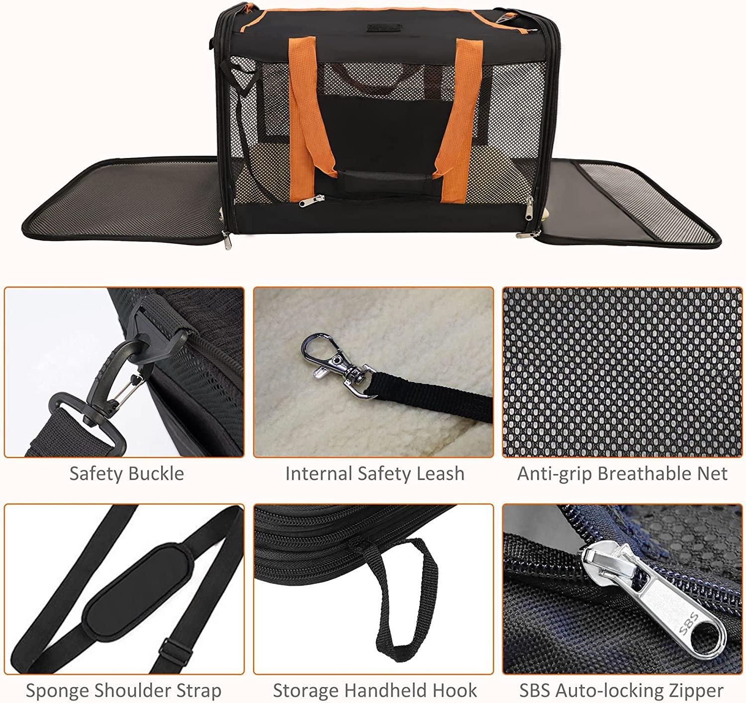 Cupets Foldable Airline Approved Pet Carrier with Safety Strap, Black - Bosonshop