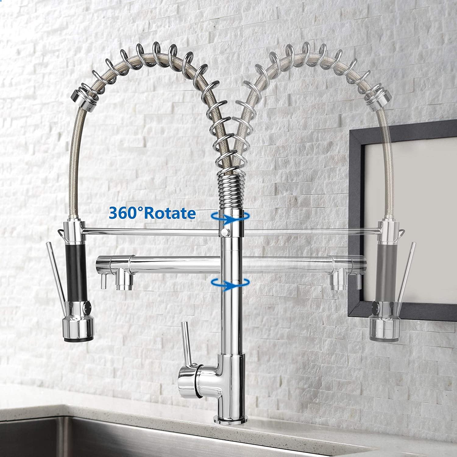 Single-Handle Pull-Down Sprayer Kitchen Faucet, High Arc Stainless Steel, 360 Swivel Single Handle Single Hole Spring Sink Faucet, Chrome - Bosonshop