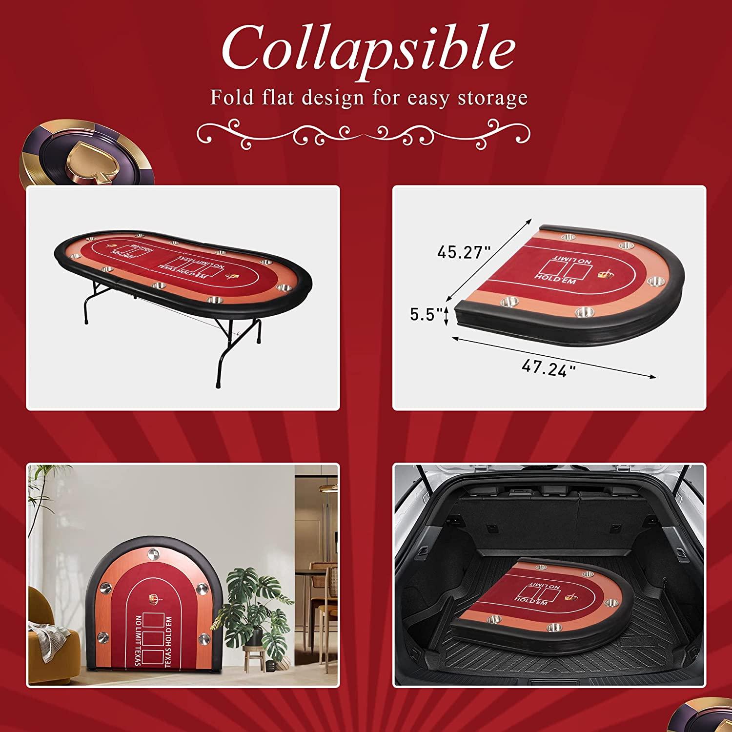 Poker Table Foldable Large 10 Players Casino Table Texas Holdem Red Felt Surface With 10 Stainless Steel Cup Holders & Padded Poker Table - Bosonshop