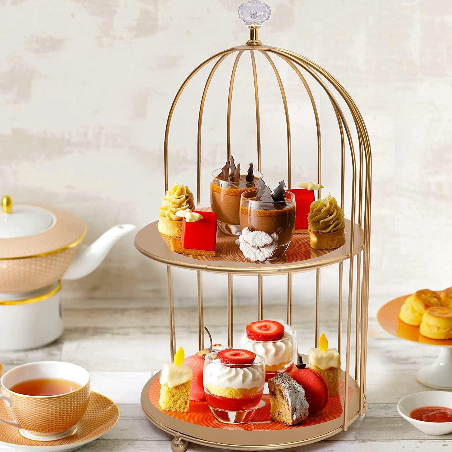 2-Tier Dessert Cupcake Stand Bird Cage Shaped Cake Stands Jewelry Display Holder Dessert Cupcake Stand Desktop Makeup Organizer Rack, Golden - Bosonshop