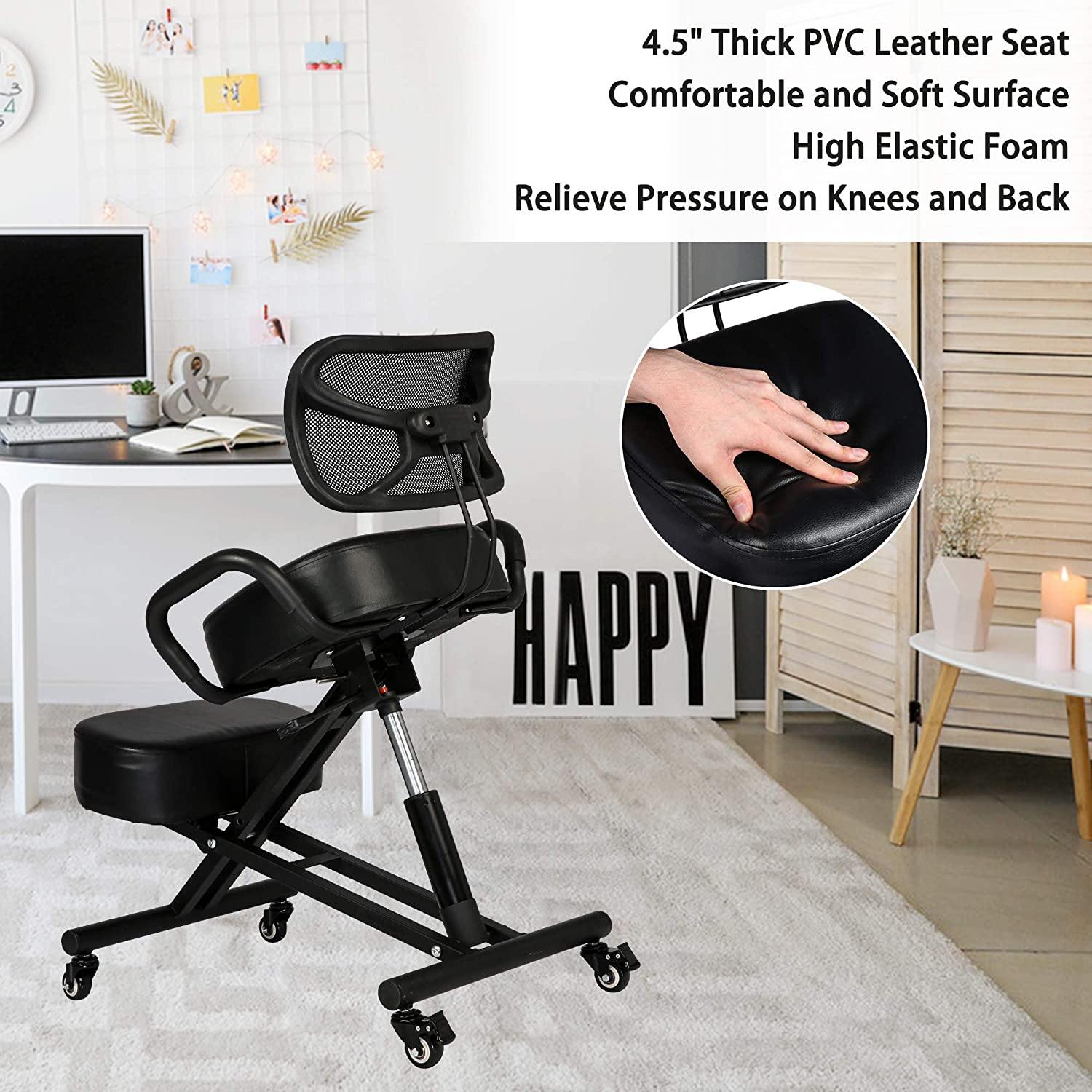 Ergonomic Kneeling Chair Office, Build Healthy Back & Upright Posture, Flexible& Lockable Wheels, Adjustable Knee Stool for Bedroom, Living Room - Bosonshop