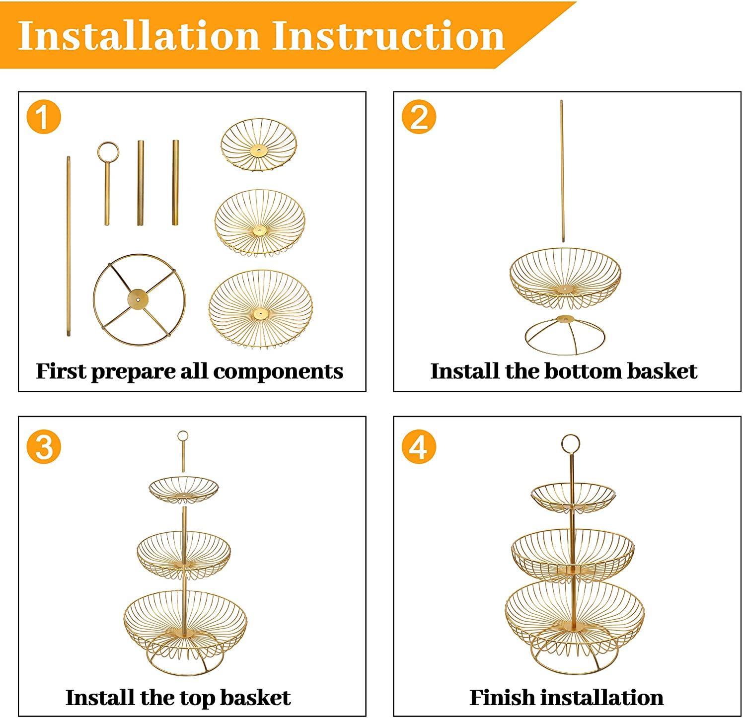 Fruit Basket for Kitchen Counter Fruit Vegetable Stand Stacked 3-Tier Bowls, Dining Table Counter Organizer, Modern Fruit Basket Stand, Golden - Bosonshop