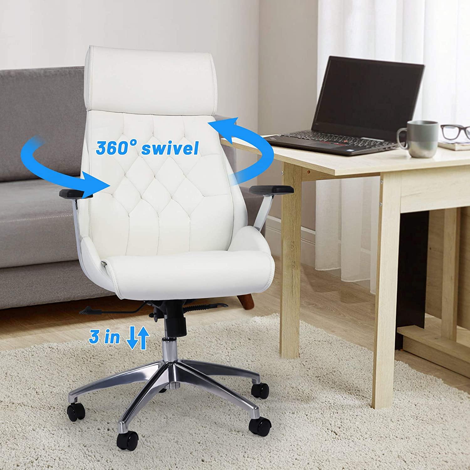 White Office Chair Ergonomic Leather High Back Heavy Duty Executive Chairs Adjustable Lock Position 360 Degree Swivel - Bosonshop