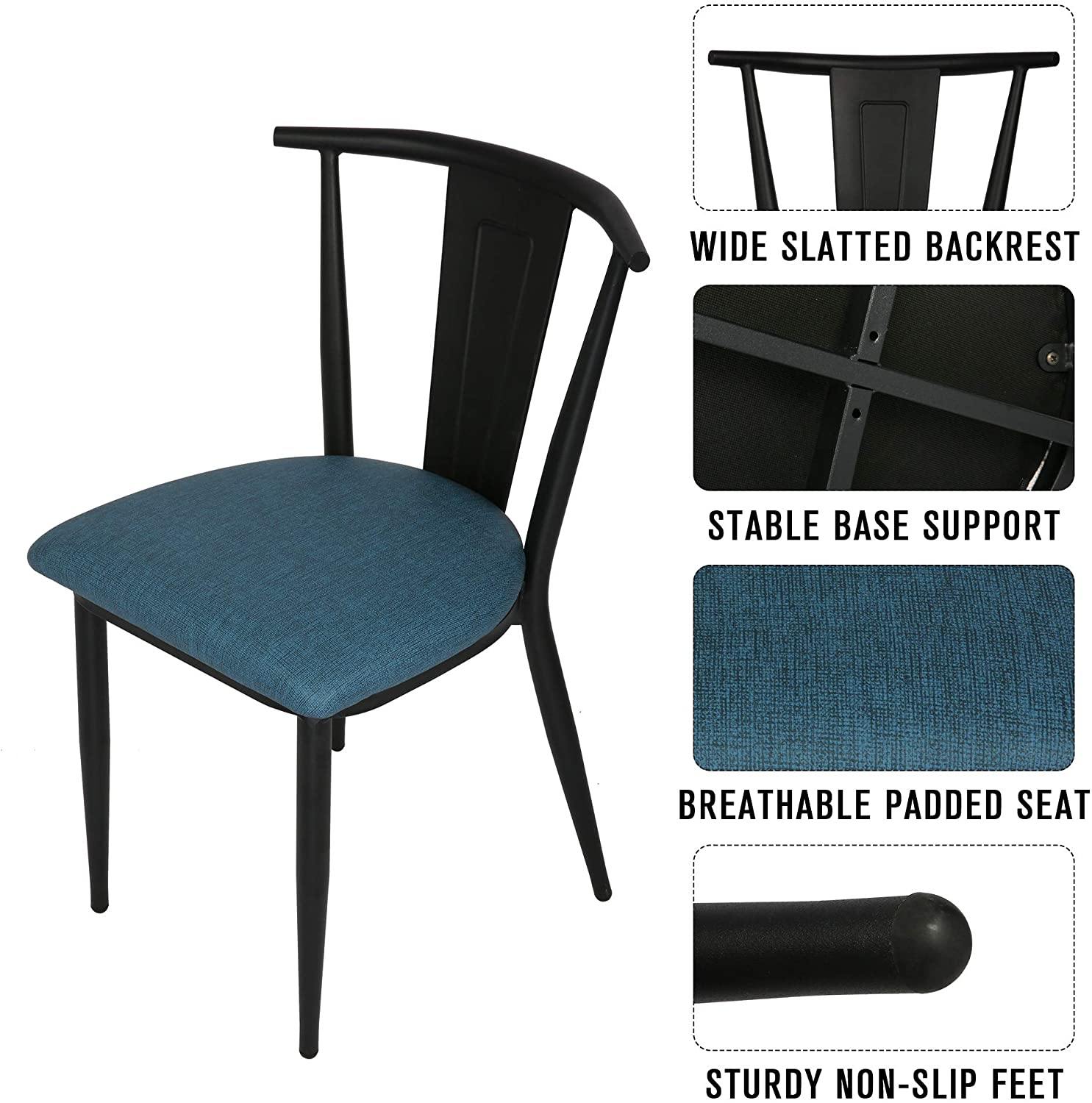 Industrial Dining Chairs Set of 2, High Back Black Iron Chair Frame with PU Leather Upholstered Seat, Blue - Bosonshop