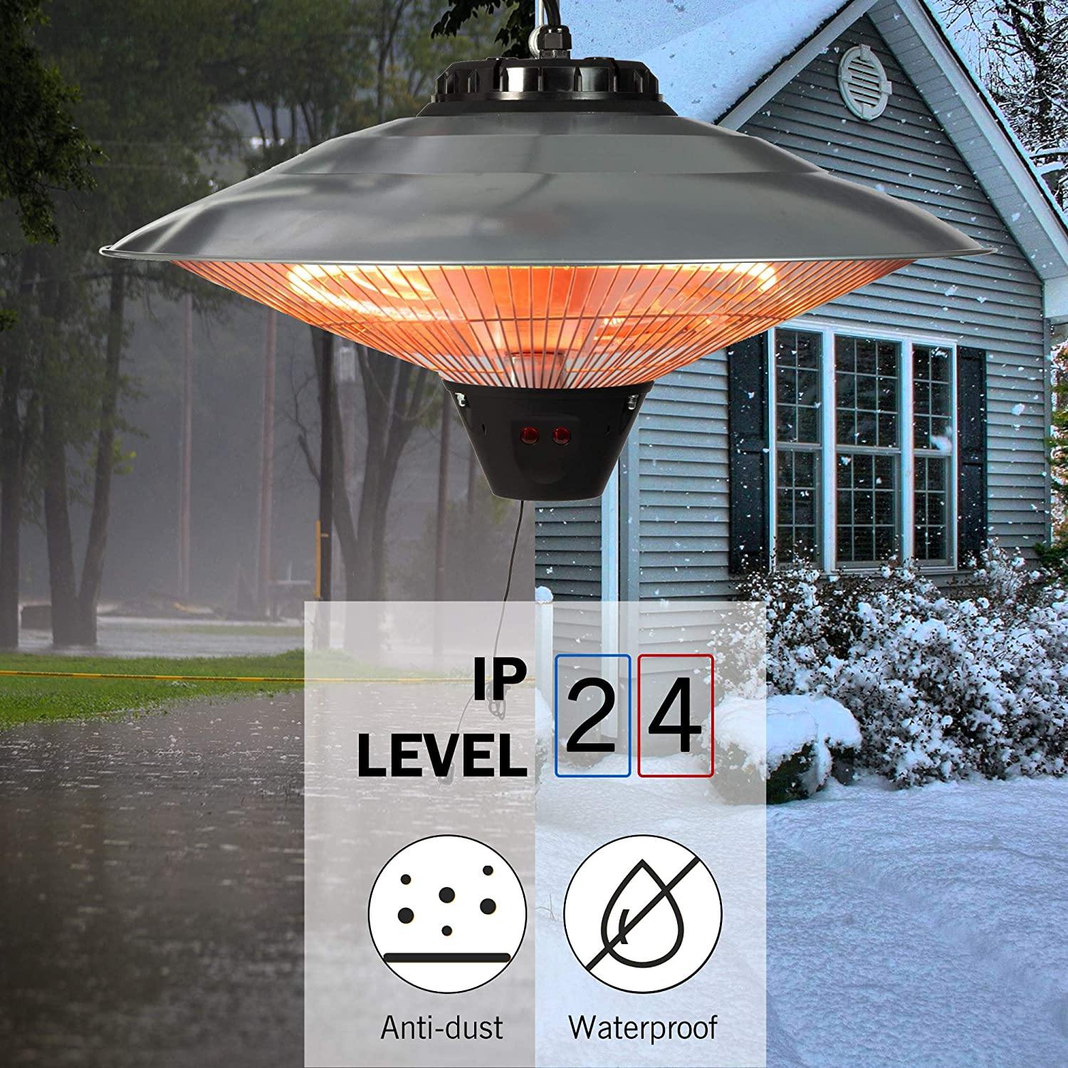 Electric Patio Heater Ceiling Mounted or Hanging Infrared Heater, Waterproof IP24, for Outdoor or Indoor Use, 900W-1500W, 5100 BTU - Bosonshop