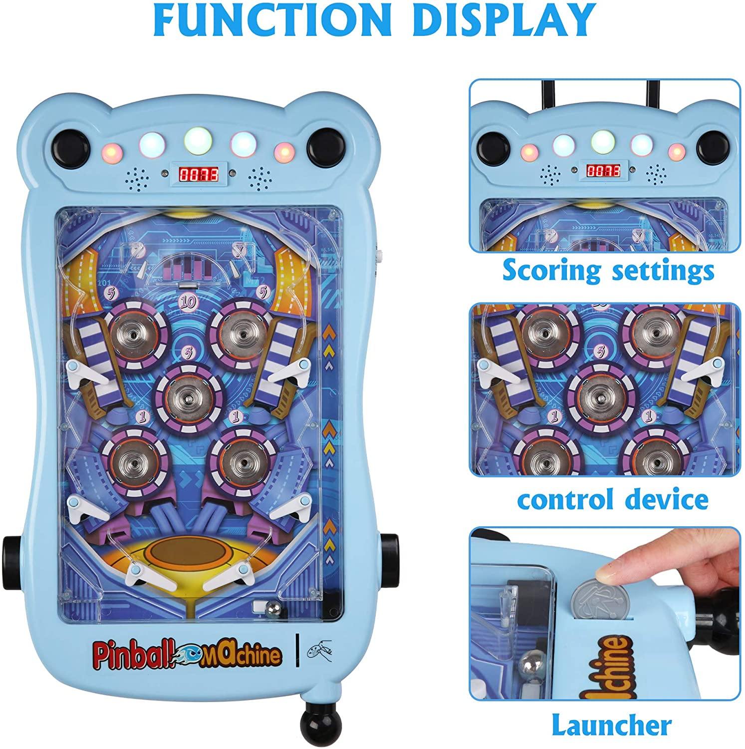 Pinball Machine for Kids Portable Tabletop Game with Scorer and Lights and Sounds Parent-Child Interactive Game Pinball Toys, Blue - Bosonshop