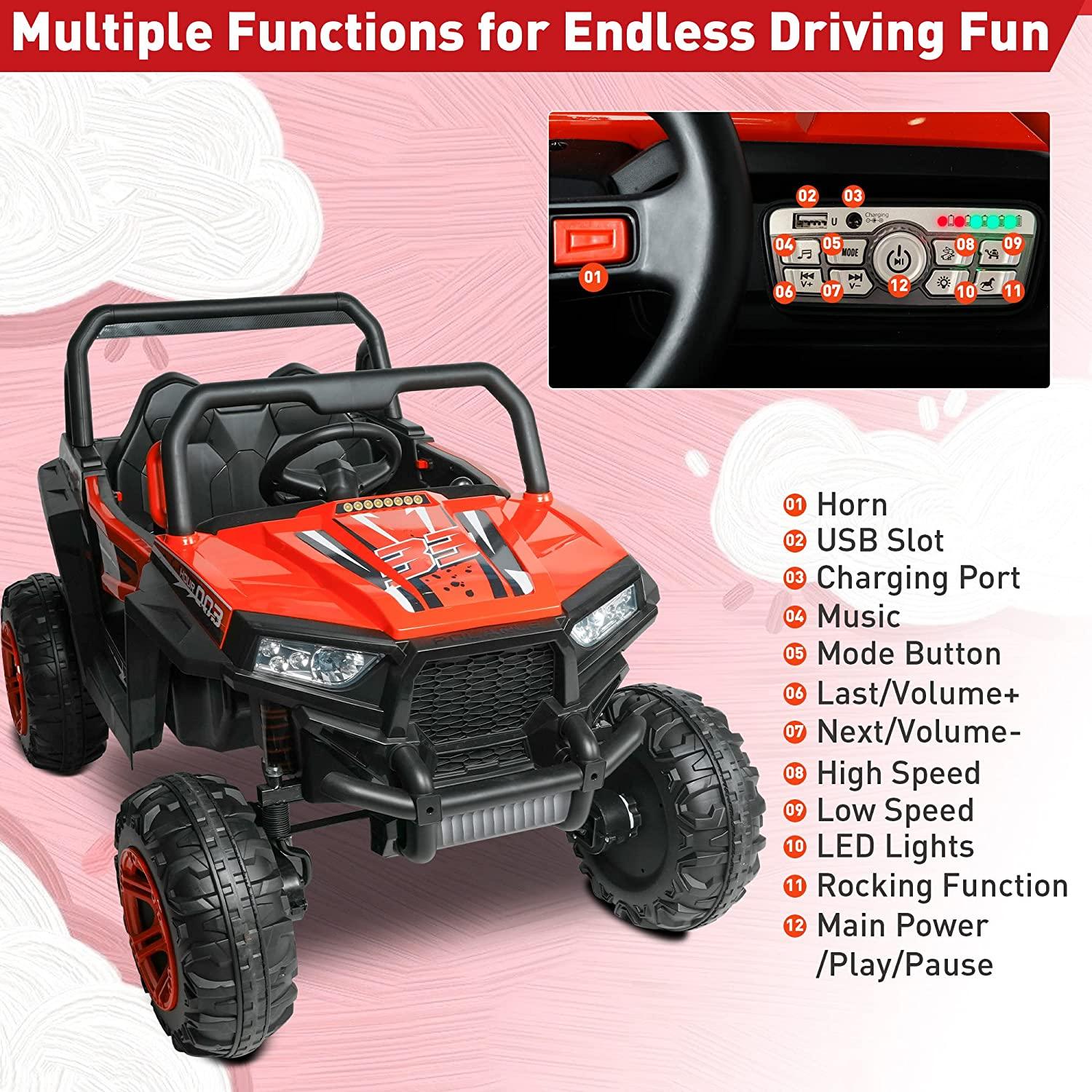 2 Seater Ride On Car Truck 12V Battery Powered Electric Vehicle with Parent Remote Control 4WD Kids Electric Car with Bluetooth, Music, USB, LED Lights 3 Speed Modes for Boys Girls - Bosonshop