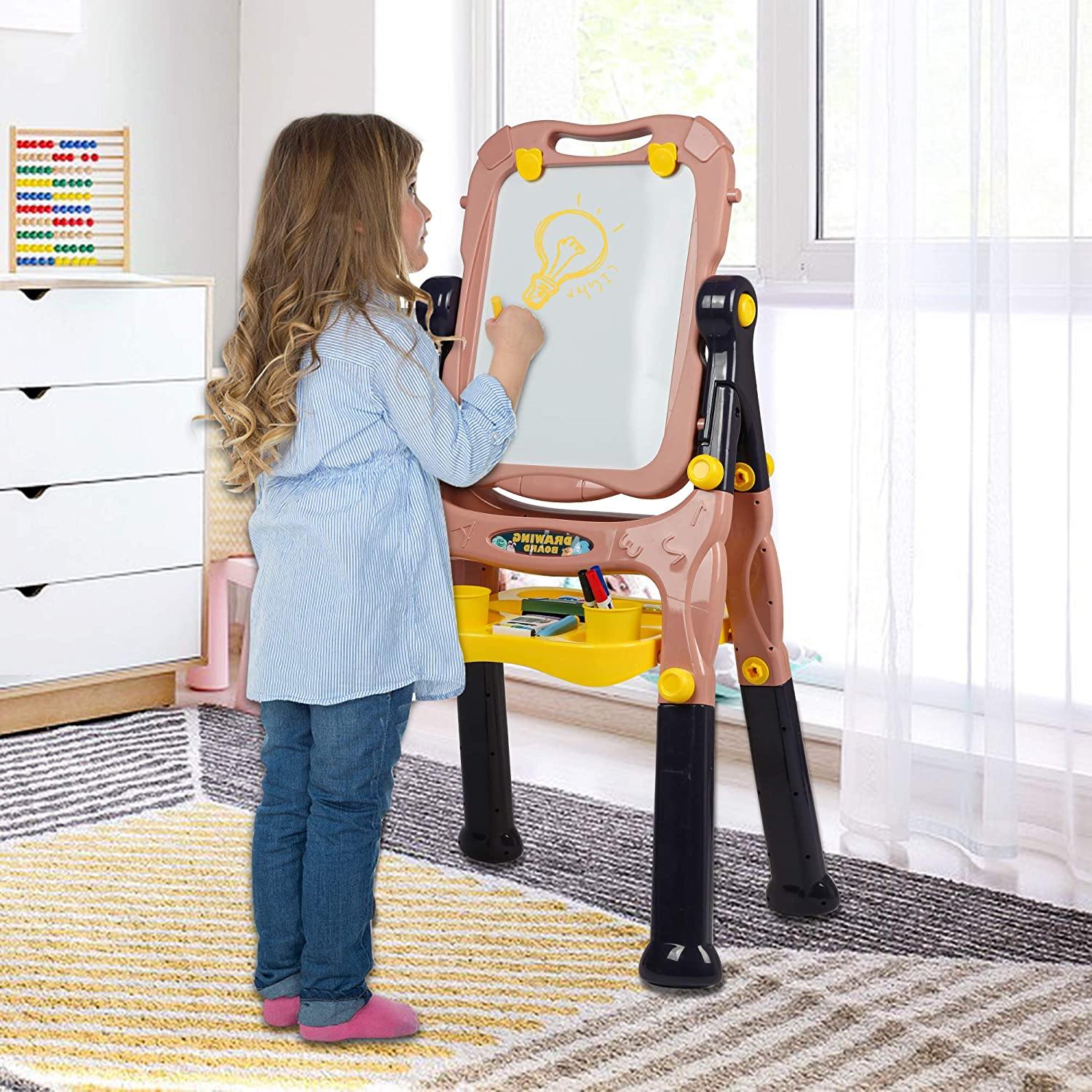 Kids Art Easel for Boys & Girls -Double Sided Standing Art Drawing Board- with Two Height Adjustable- Chalkboard and Magnetic Dry Erase Board, Pink - Bosonshop