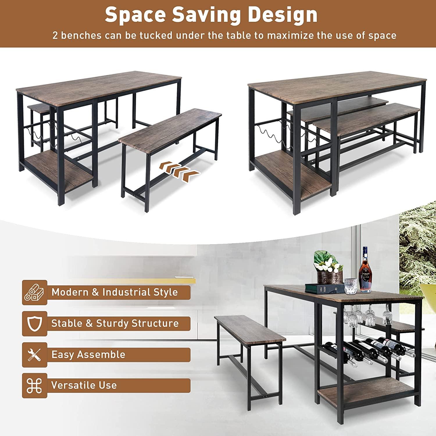 3 Piece Kitchen Table Set with Bench Dining Table Set for 4 Kitchen Dining Room Small Spaces Compact w/Storage Shelf Rack, Wine Rack - Bosonshop