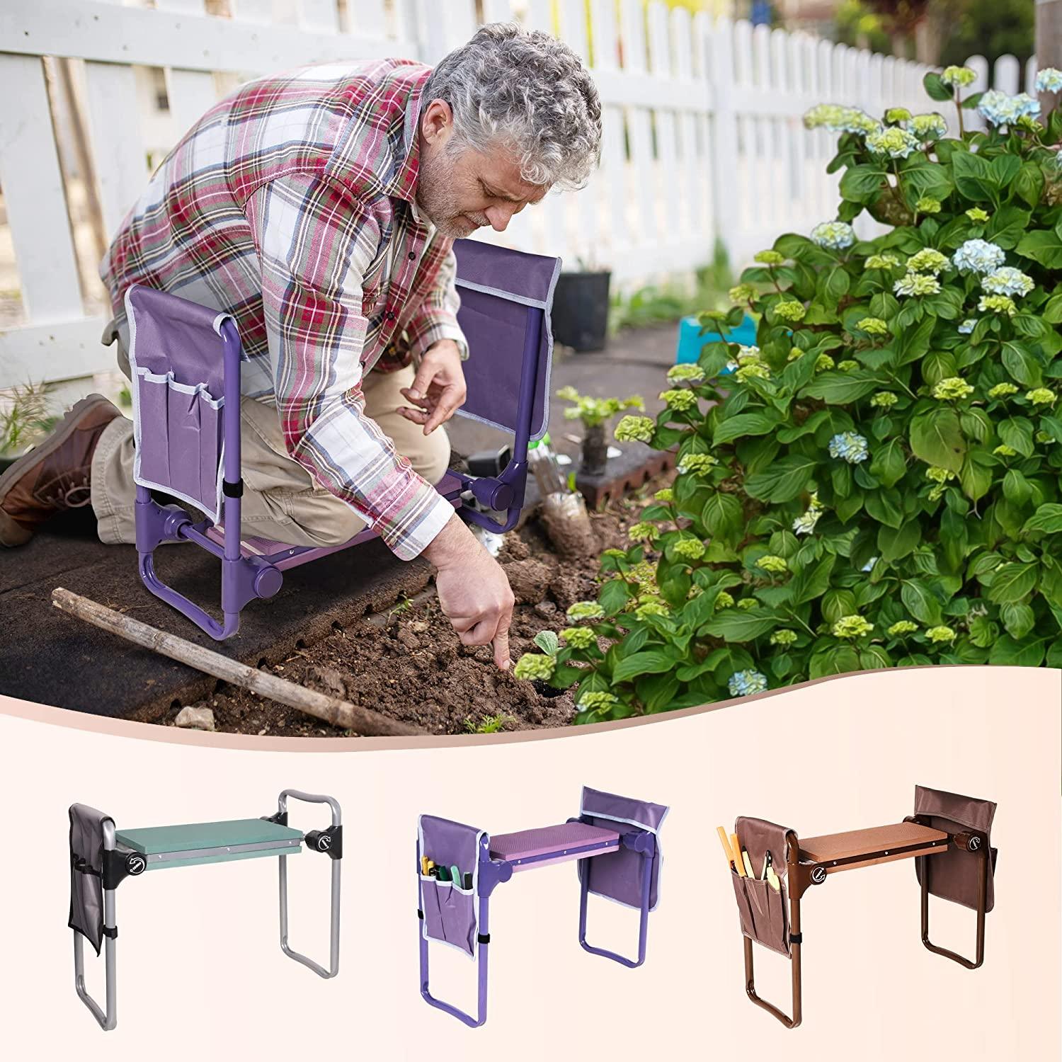 Garden Kneeler Widen Seat Bench Folding Gardening Stools with EVA Foam Kneeling Pad and 2 Tool Pouch, Purple - Bosonshop